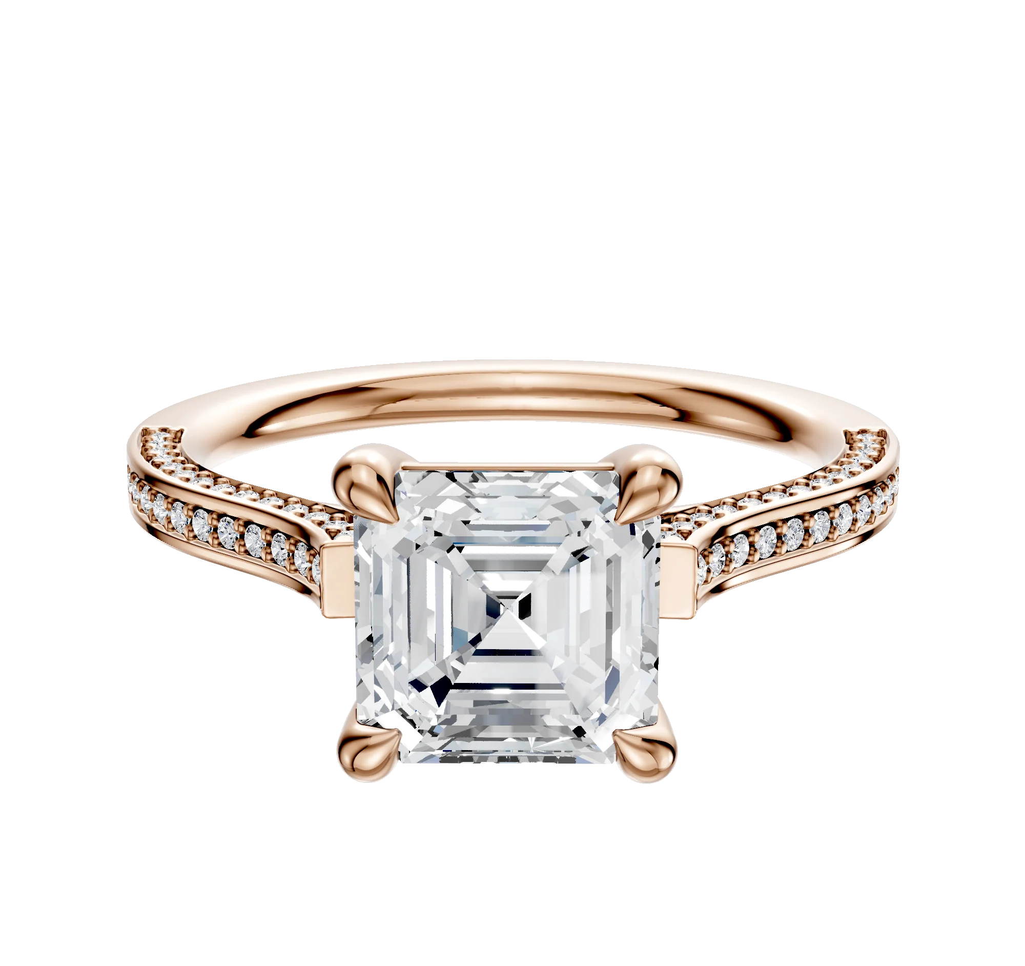 14K Rose Gold 4 Prong Basket Cathedral Flat 3-Row-Pave 2.0mm Engagement Ring