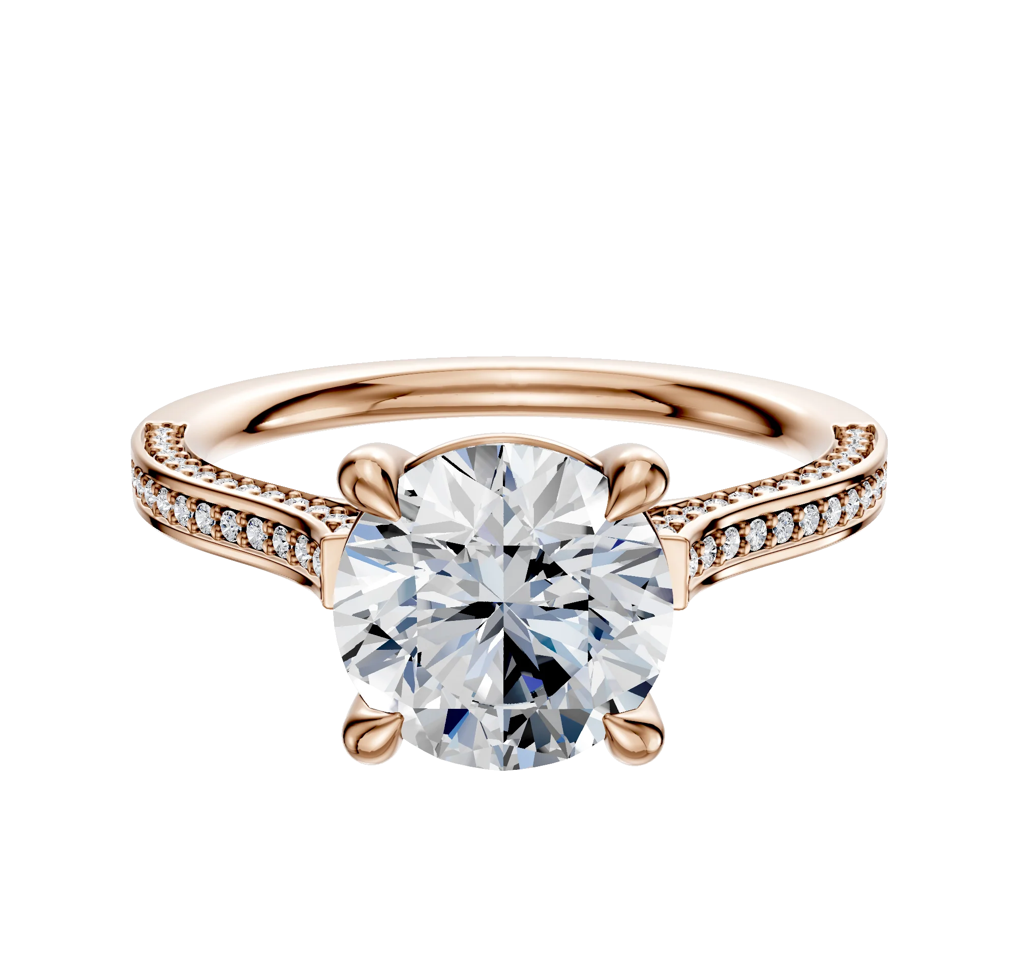 14K Rose Gold 4 Prong Basket Cathedral Flat 3-Row-Pave 2.0mm Engagement Ring