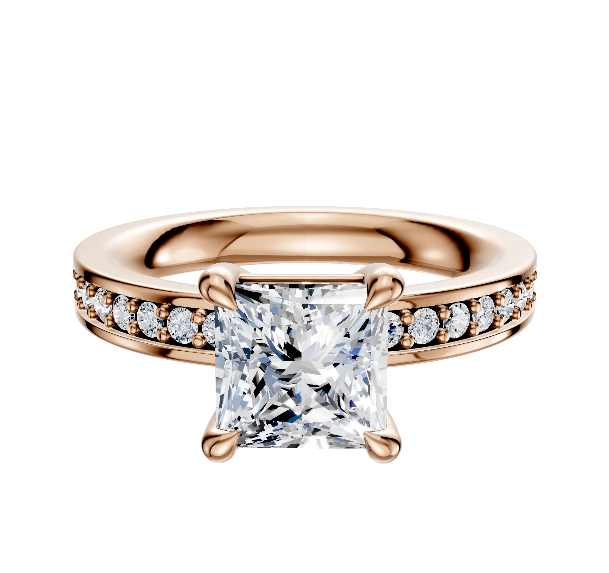 14K Rose Gold 4 Prong Basket Classic Flat 1-Row-Pave 2.5mm Engagement Ring
