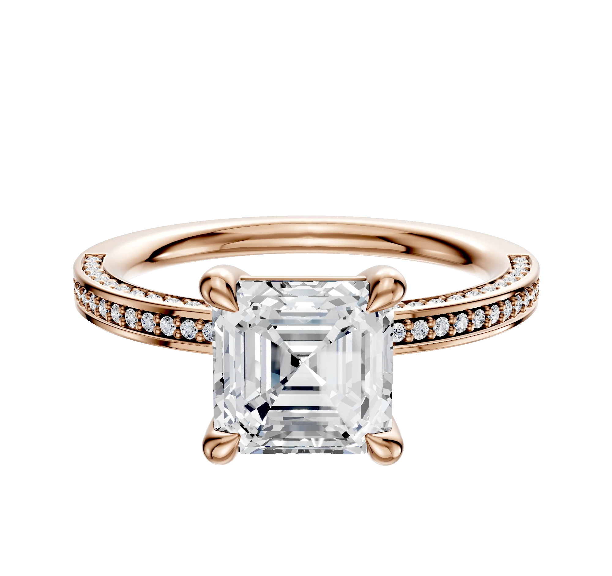 14K Rose Gold 4 Prong Basket Classic Flat 3-Row-Pave 2.0mm Engagement Ring