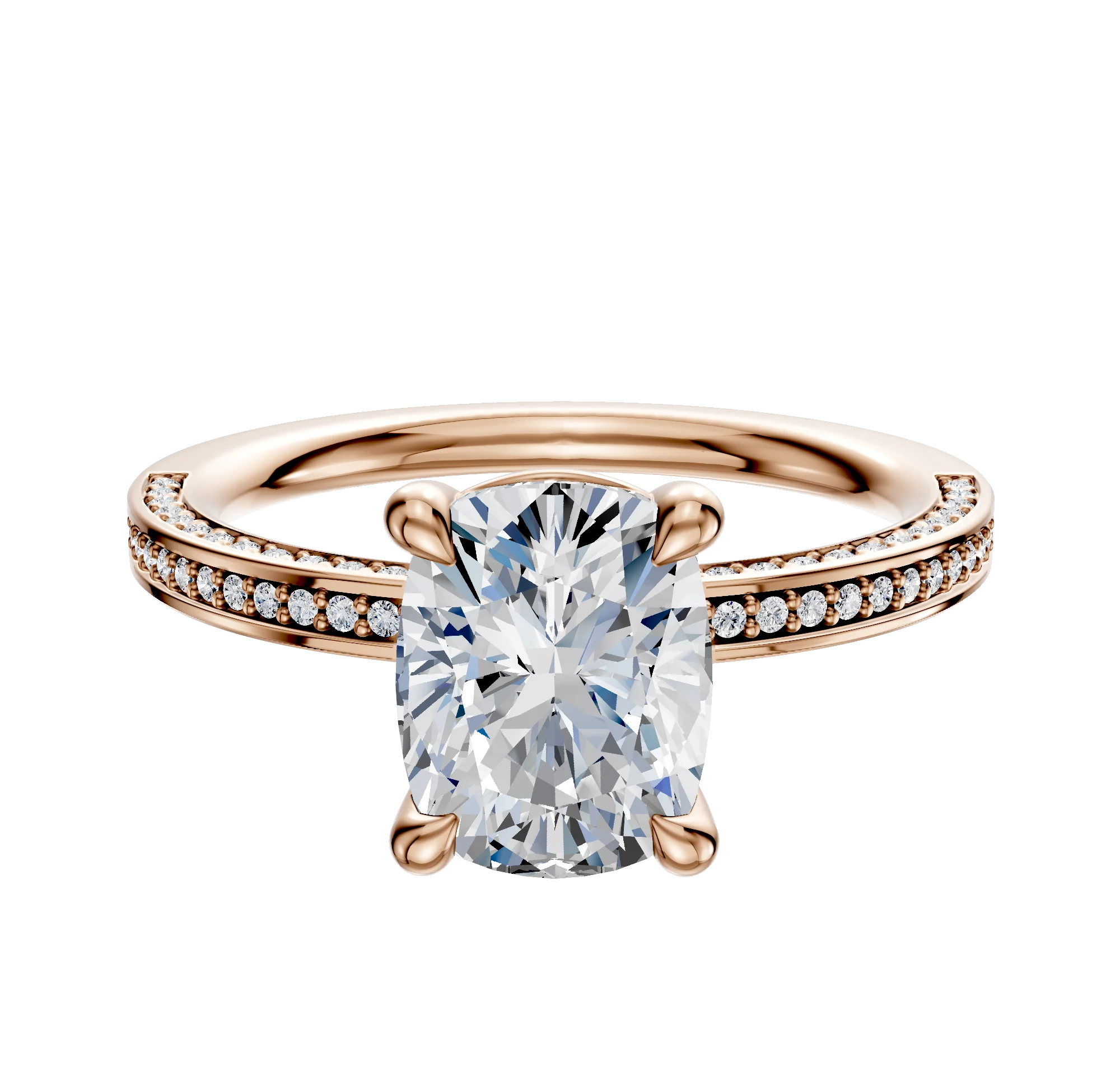 14K Rose Gold 4 Prong Basket Classic Flat 3-Row-Pave 2.0mm Engagement Ring
