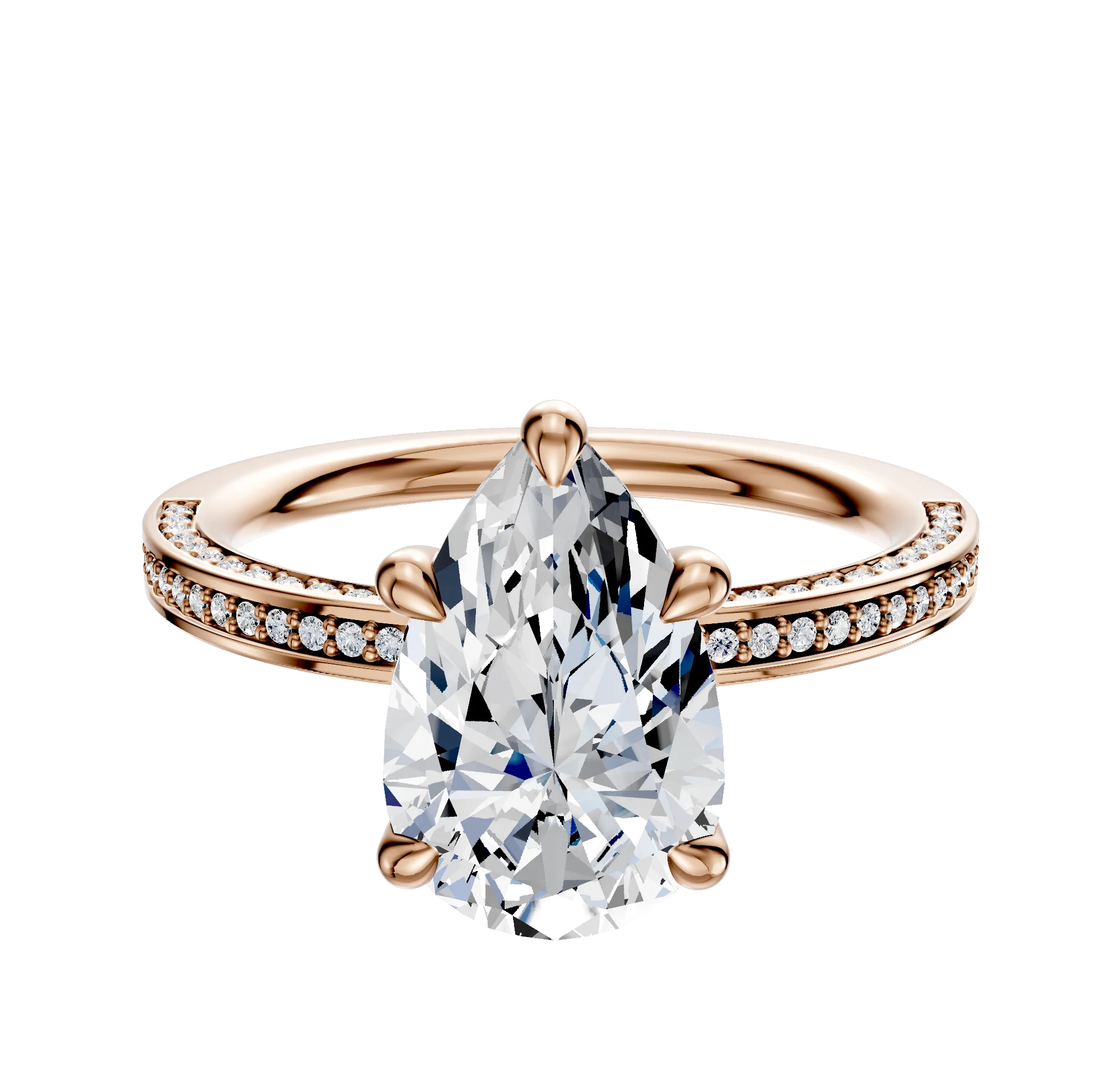 14K Rose Gold 4 Prong Basket Classic Flat 3-Row-Pave 2.0mm Engagement Ring