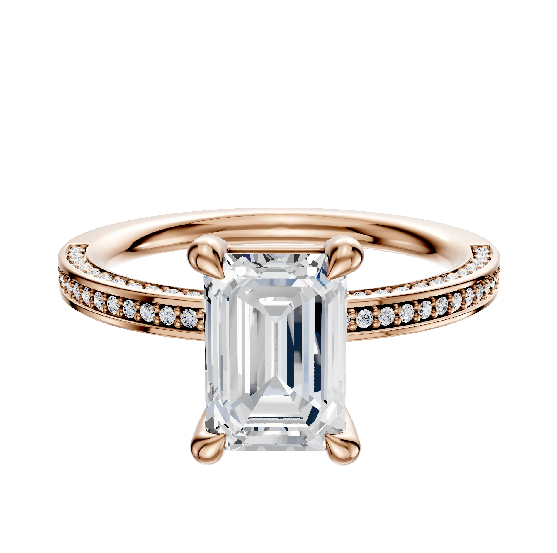 14K Rose Gold 4 Prong Basket Classic Flat 3-Row-Pave 2.0mm Engagement Ring