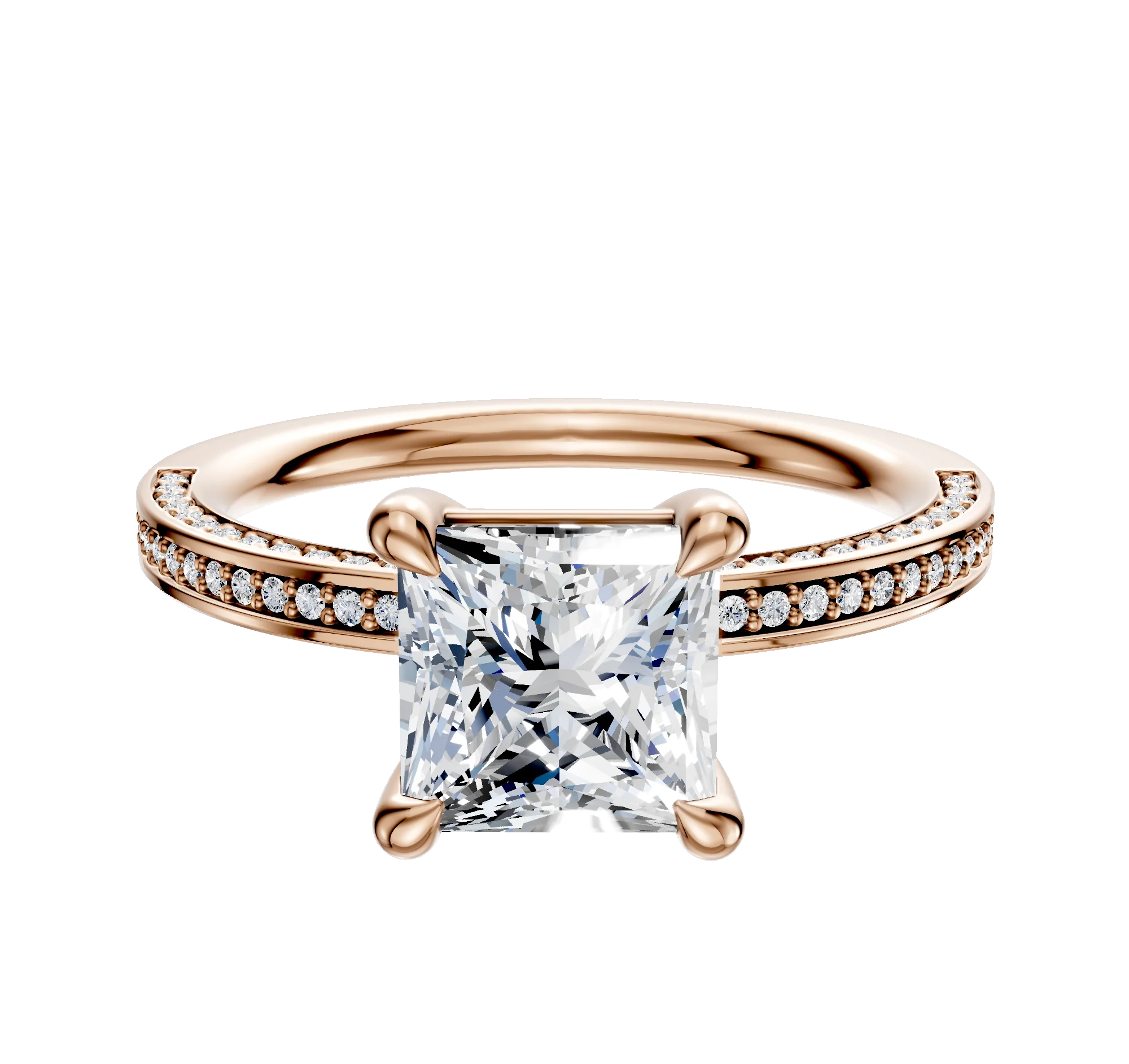 14K Rose Gold 4 Prong Basket Classic Flat 3-Row-Pave 2.0mm Engagement Ring