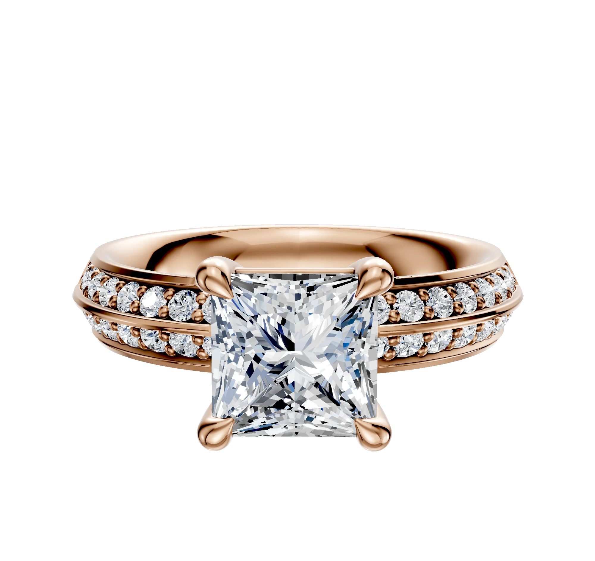 14K Rose Gold 4 Prong Basket Classic Knife Edge 1-Row-Pave 2.5mm Engagement Ring