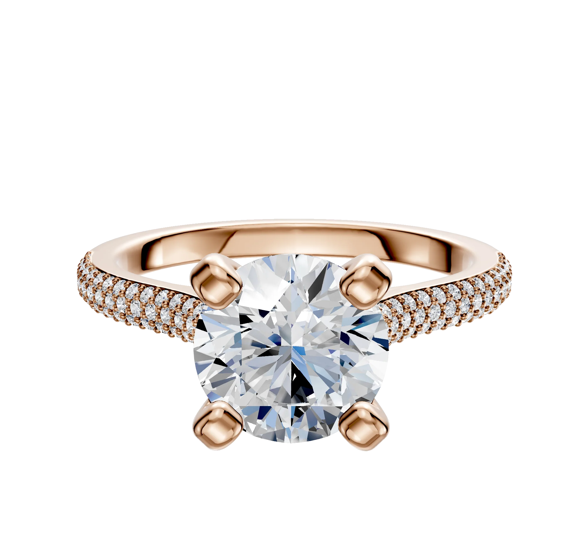 14K Rose Gold 4 Prong Cathedral Dome 3-Row-Pave 2.0mm Engagement Ring