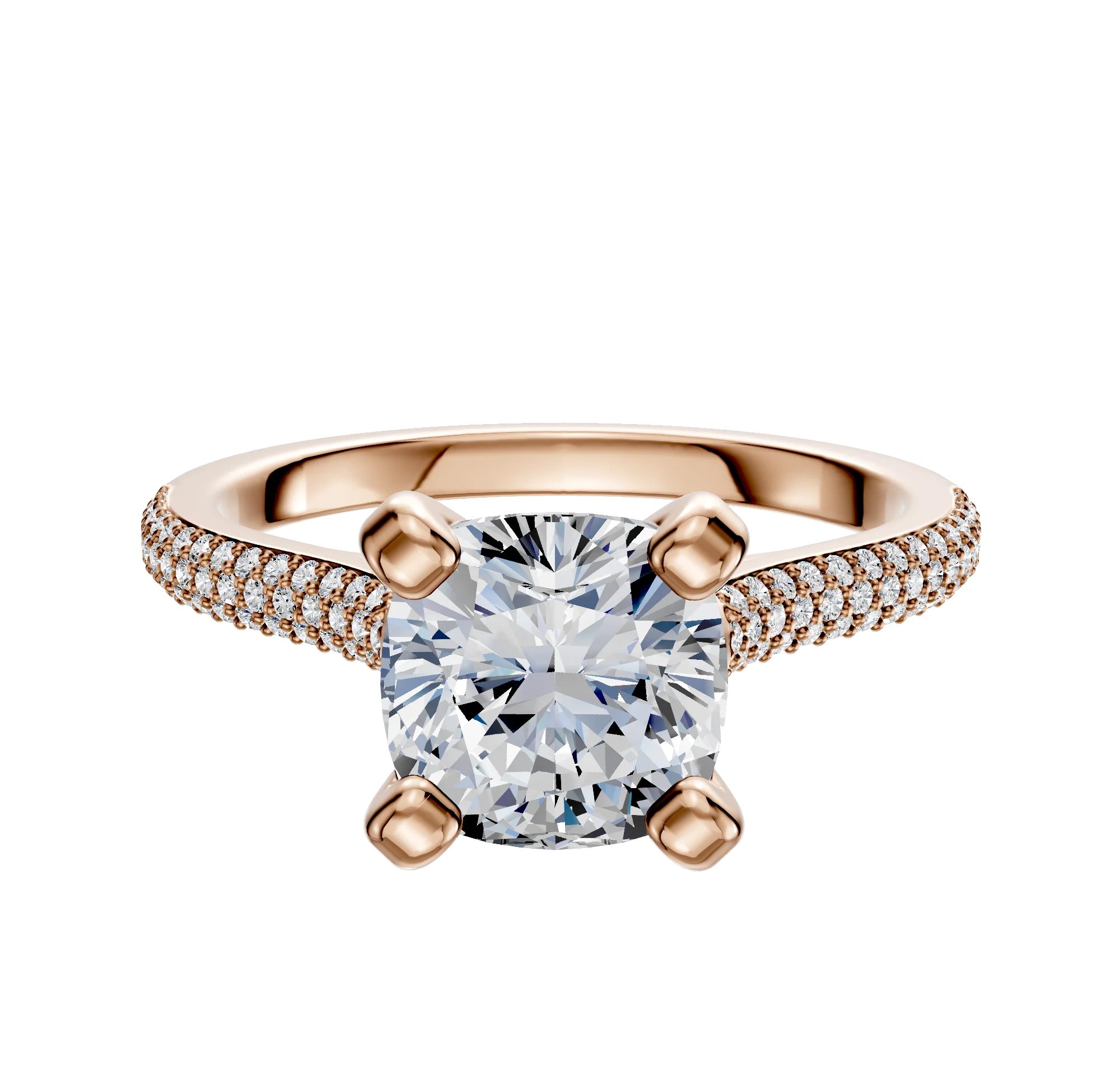 14K Rose Gold 4 Prong Cathedral Dome 3-Row-Pave 2.0mm Engagement Ring
