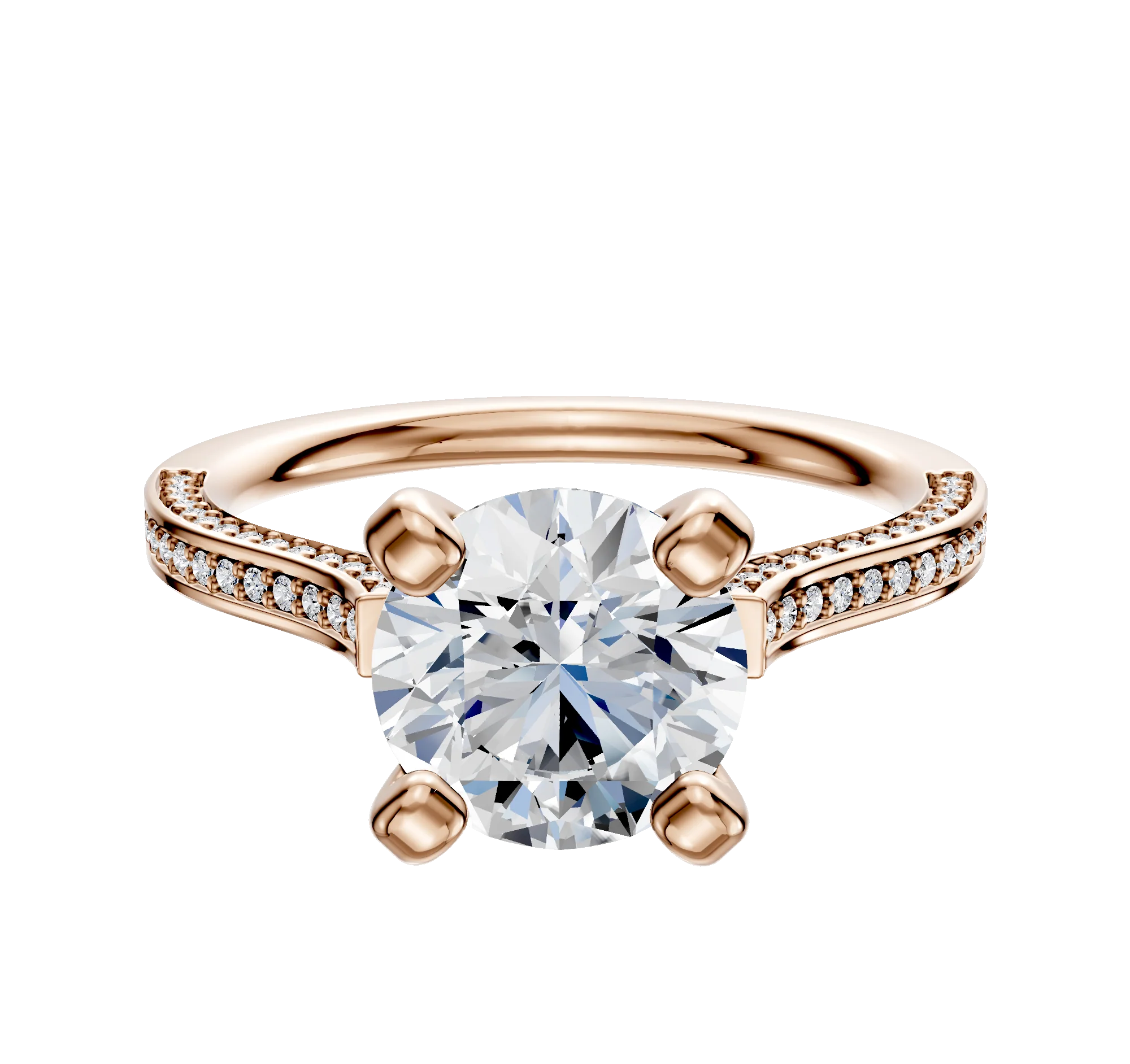 14K Rose Gold 4 Prong Cathedral Flat 3-Row-Pave 2.0mm Engagement Ring