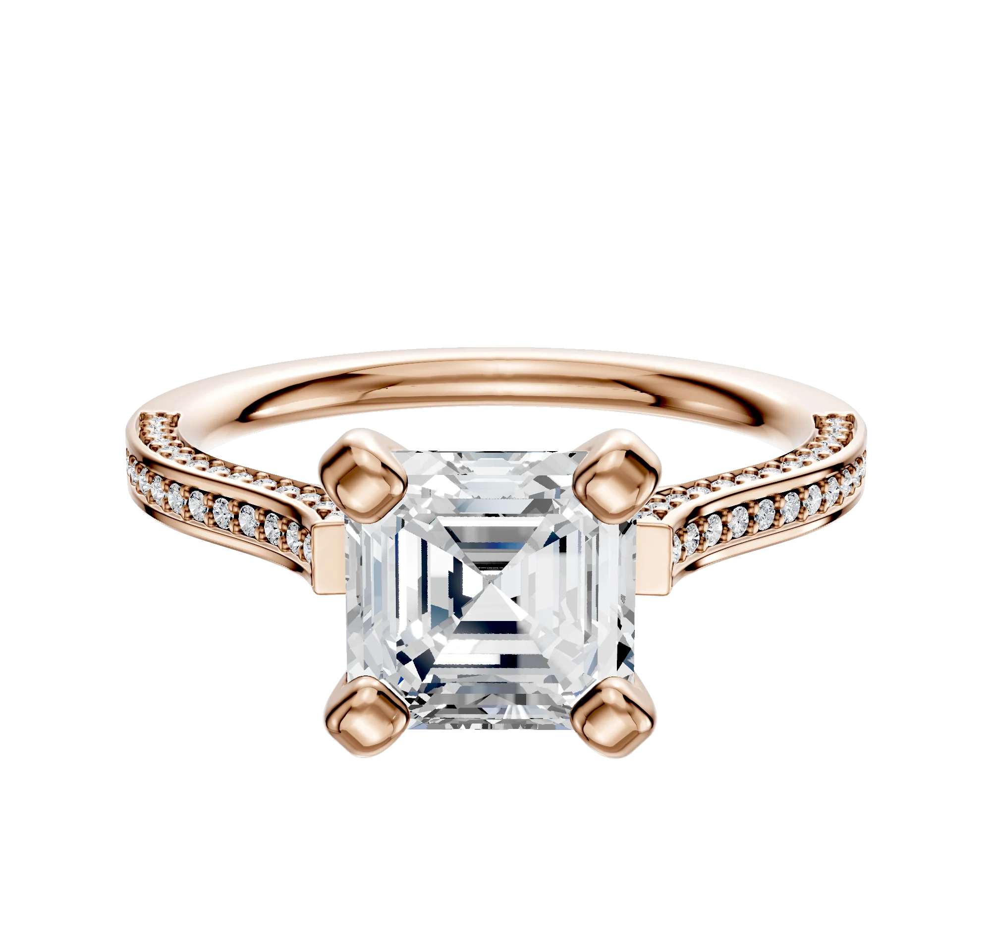 14K Rose Gold 4 Prong Cathedral Flat 3-Row-Pave 2.0mm Engagement Ring