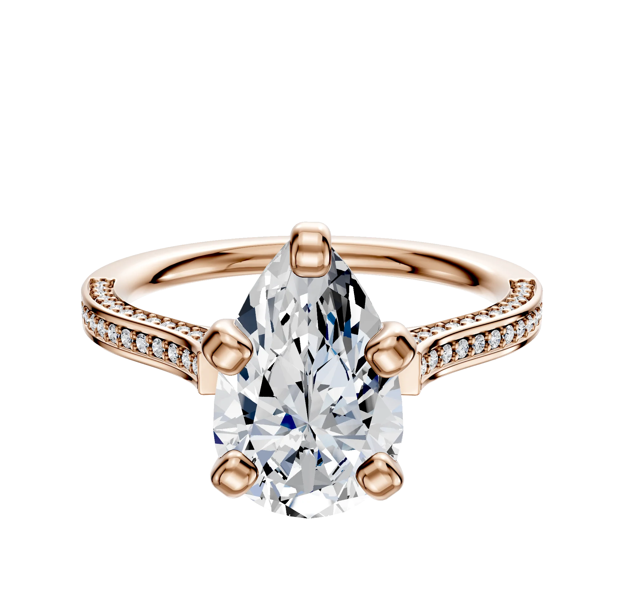 14K Rose Gold 4 Prong Cathedral Flat 3-Row-Pave 2.0mm Engagement Ring