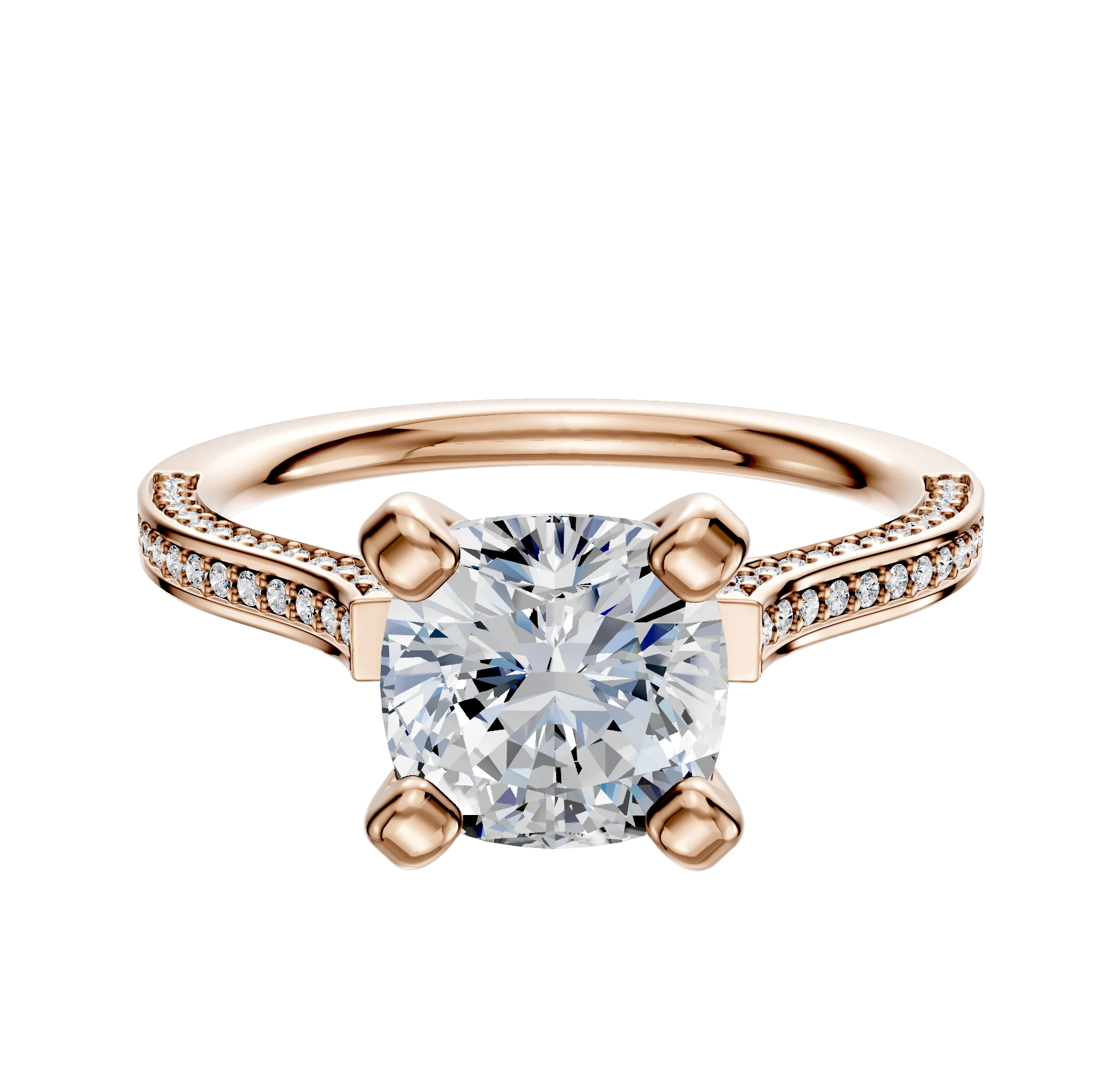 14K Rose Gold 4 Prong Cathedral Flat 3-Row-Pave 2.0mm Engagement Ring