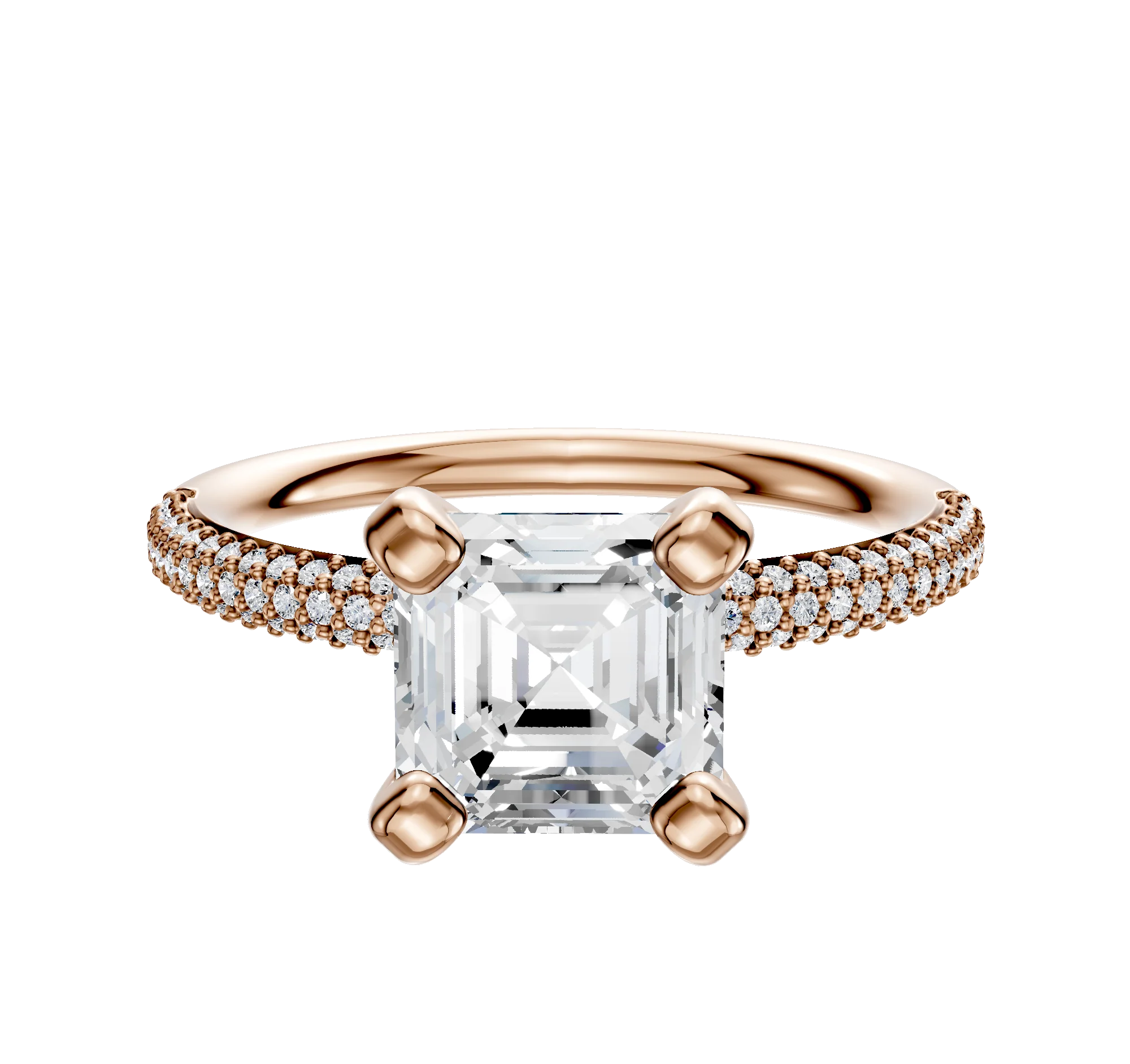 14K Rose Gold 4 Prong Classic Dome 3-Row-Pave 2.0mm Engagement Ring