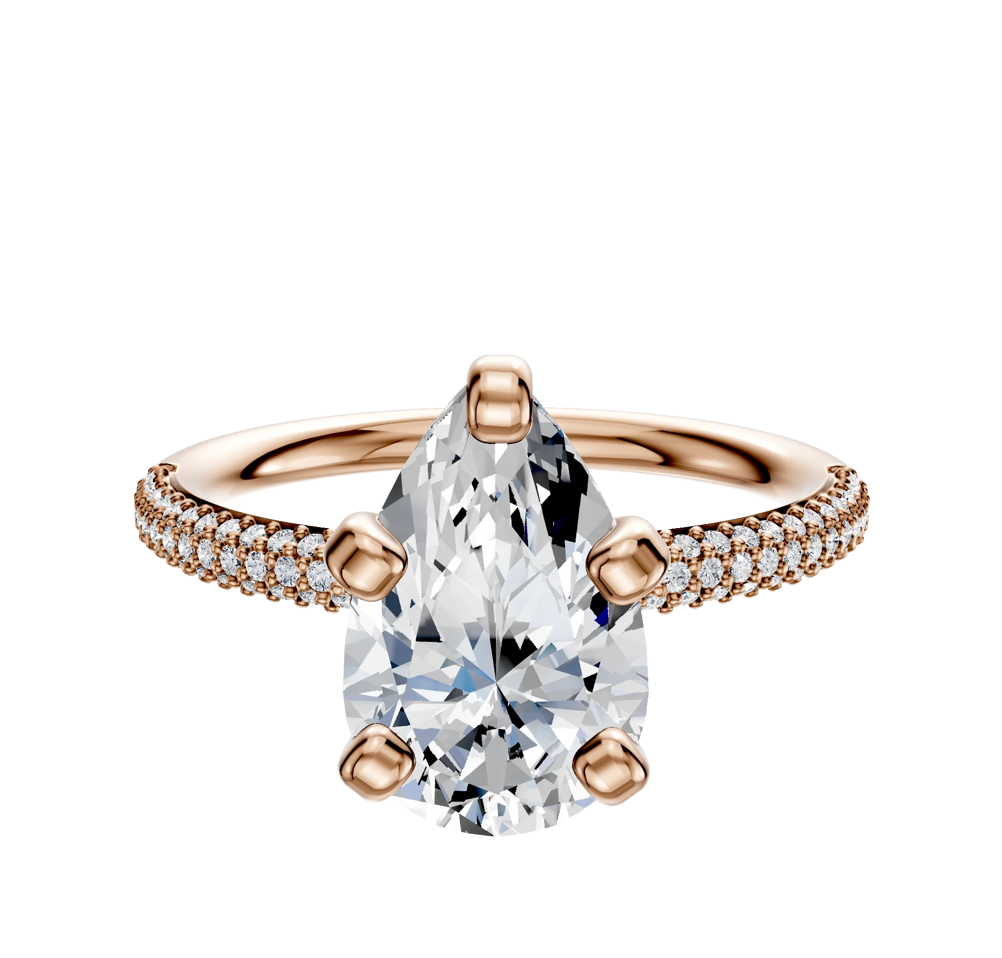 14K Rose Gold 4 Prong Classic Dome 3-Row-Pave 2.0mm Engagement Ring