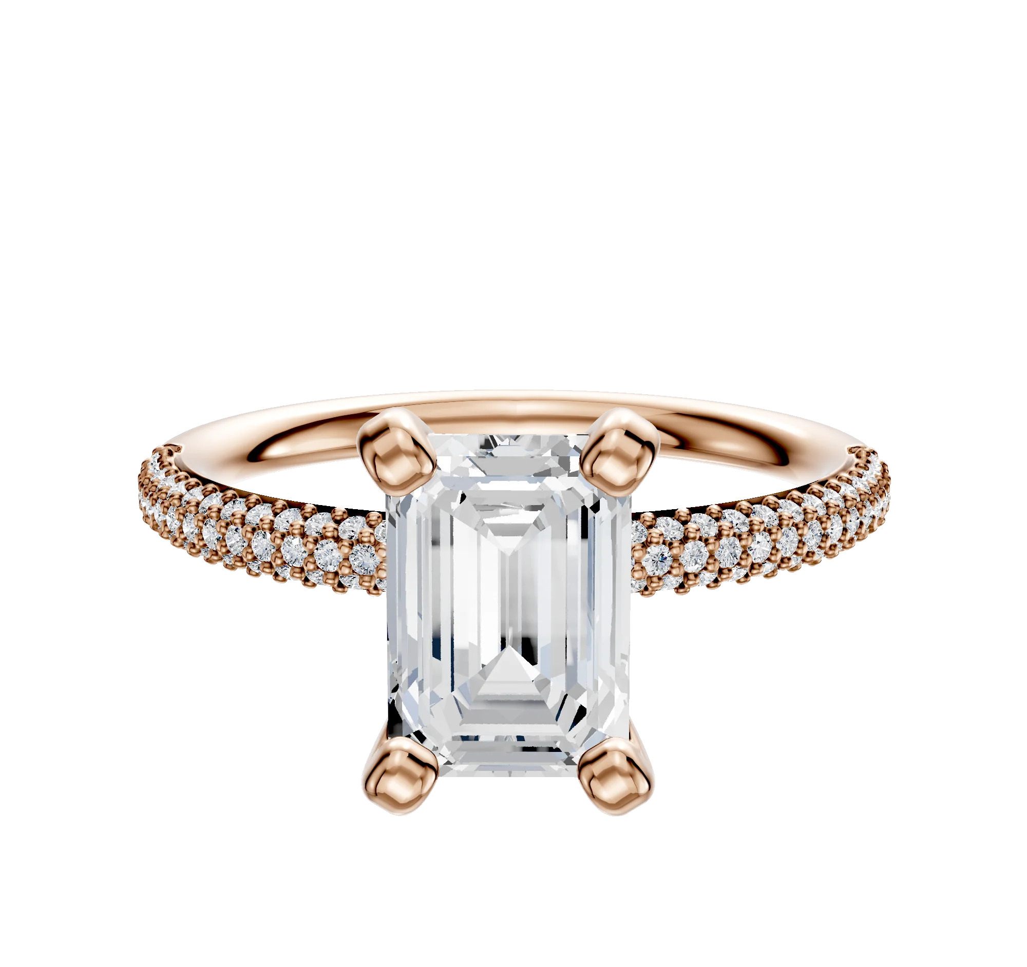 14K Rose Gold 4 Prong Classic Dome 3-Row-Pave 2.0mm Engagement Ring