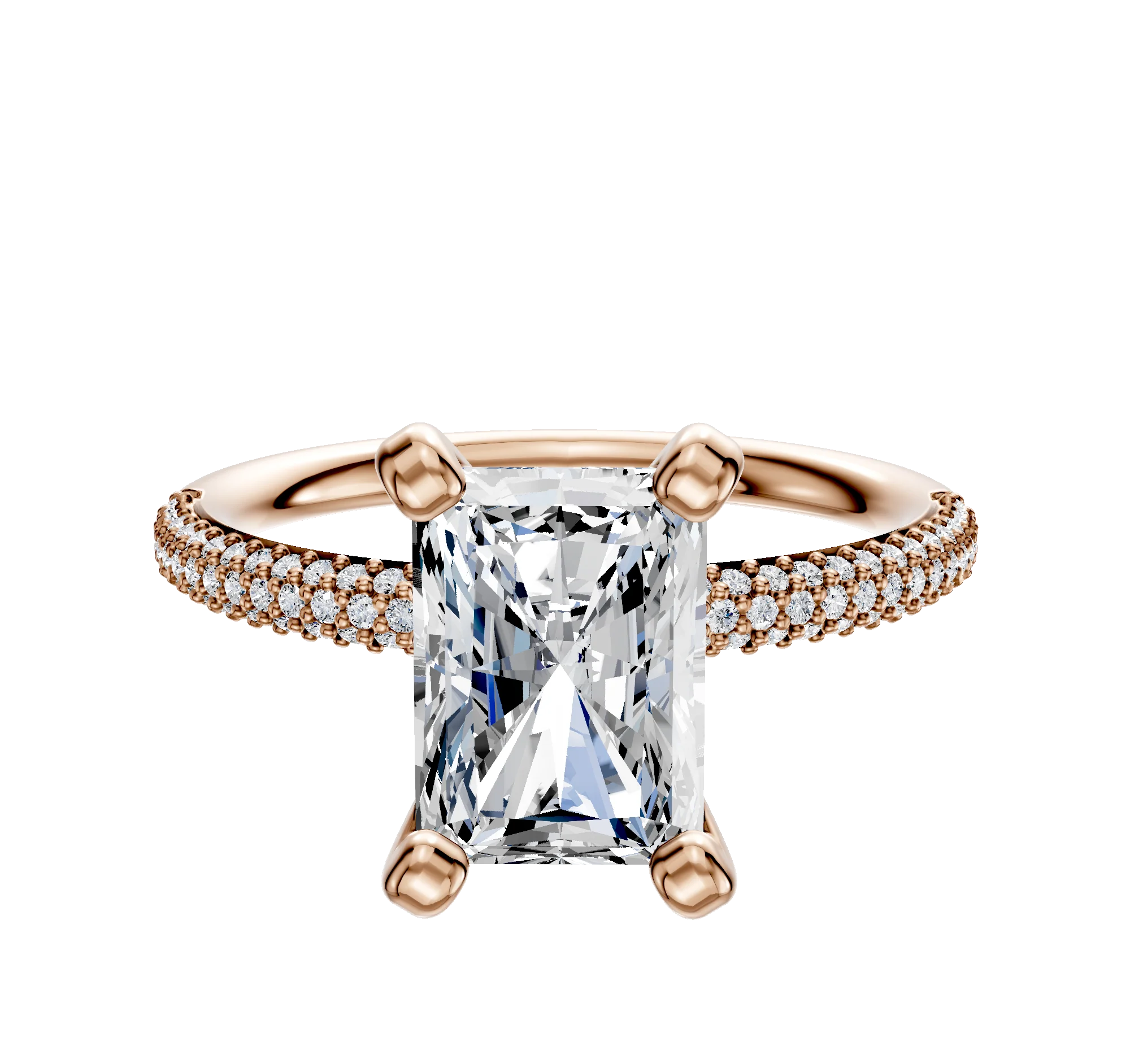 14K Rose Gold 4 Prong Classic Dome 3-Row-Pave 2.0mm Engagement Ring
