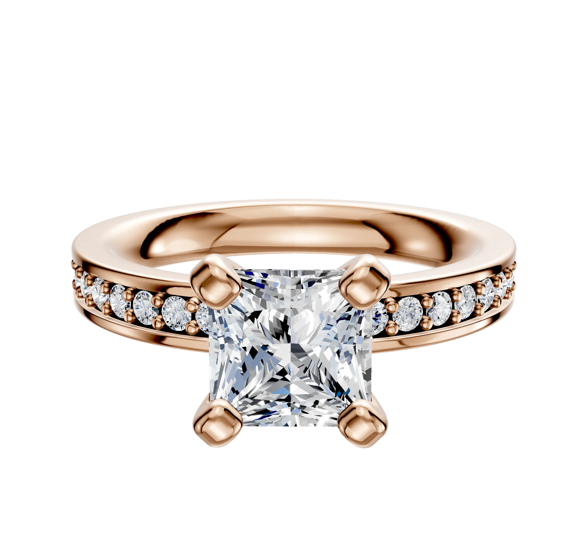 14K Rose Gold 4 Prong Classic Flat 1-Row-Pave 2.5mm Engagement Ring