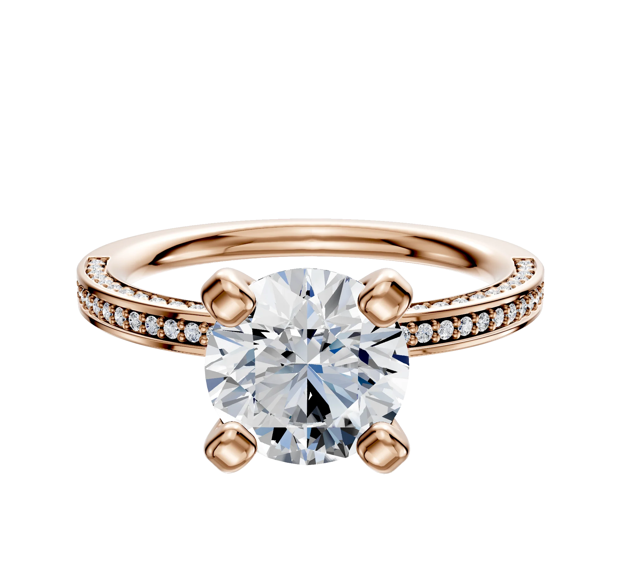 14K Rose Gold 4 Prong Classic Flat 3-Row-Pave 2.0mm Engagement Ring