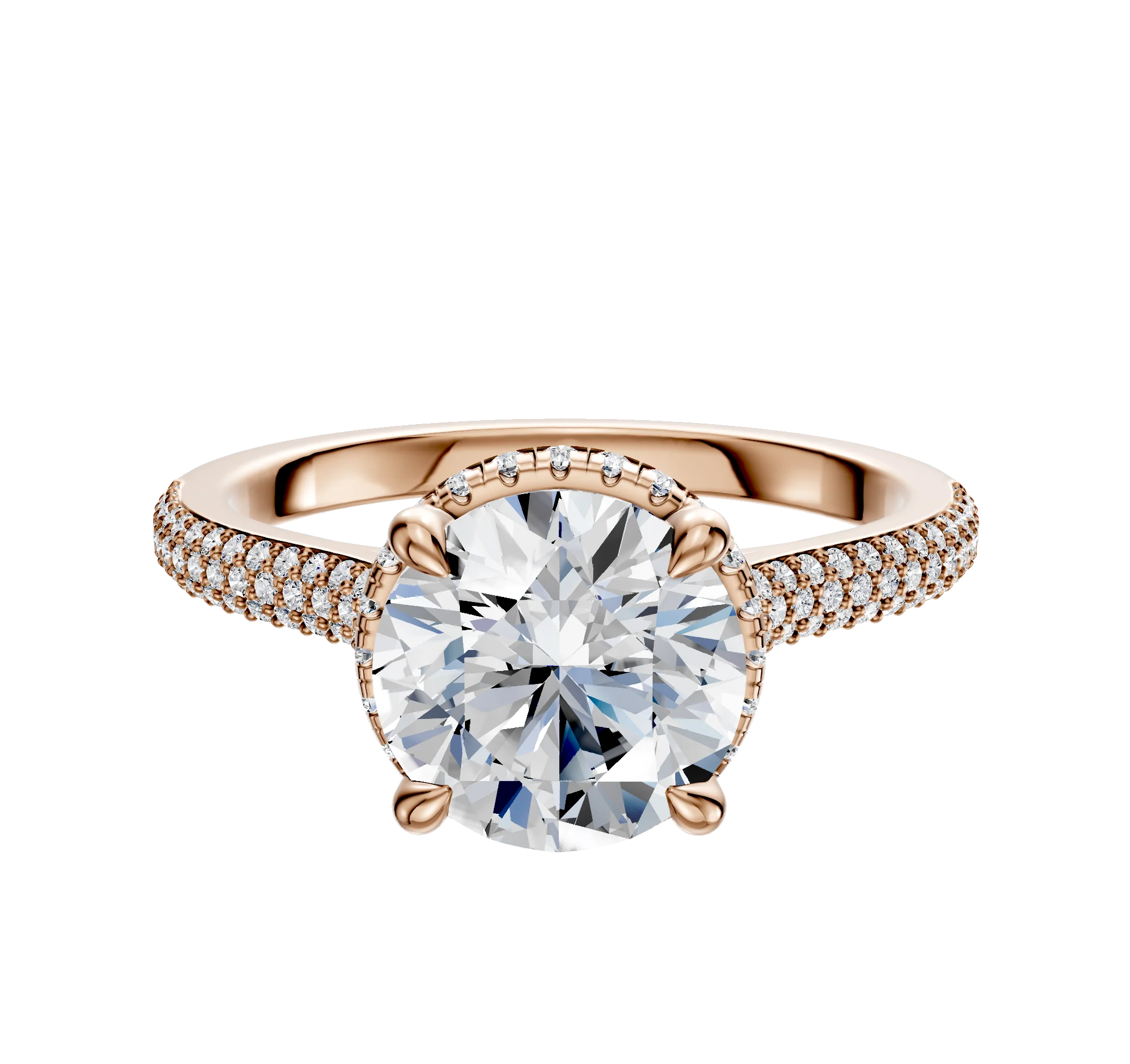 14K Rose Gold 4 Prong Collar Cathedral Dome 3-Row-Pave 2.0mm Engagement Ring