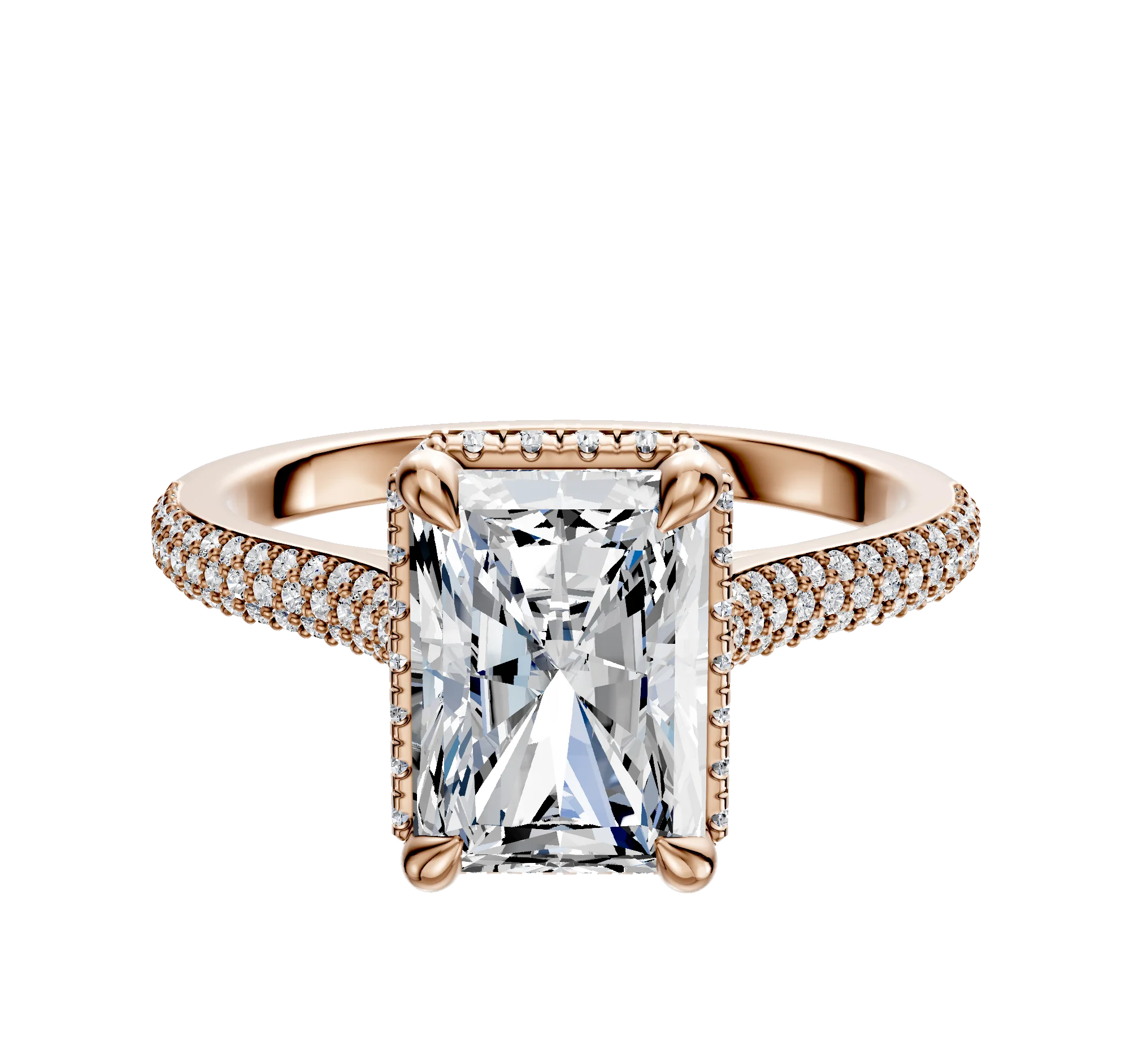 14K Rose Gold 4 Prong Collar Cathedral Dome 3-Row-Pave 2.0mm Engagement Ring