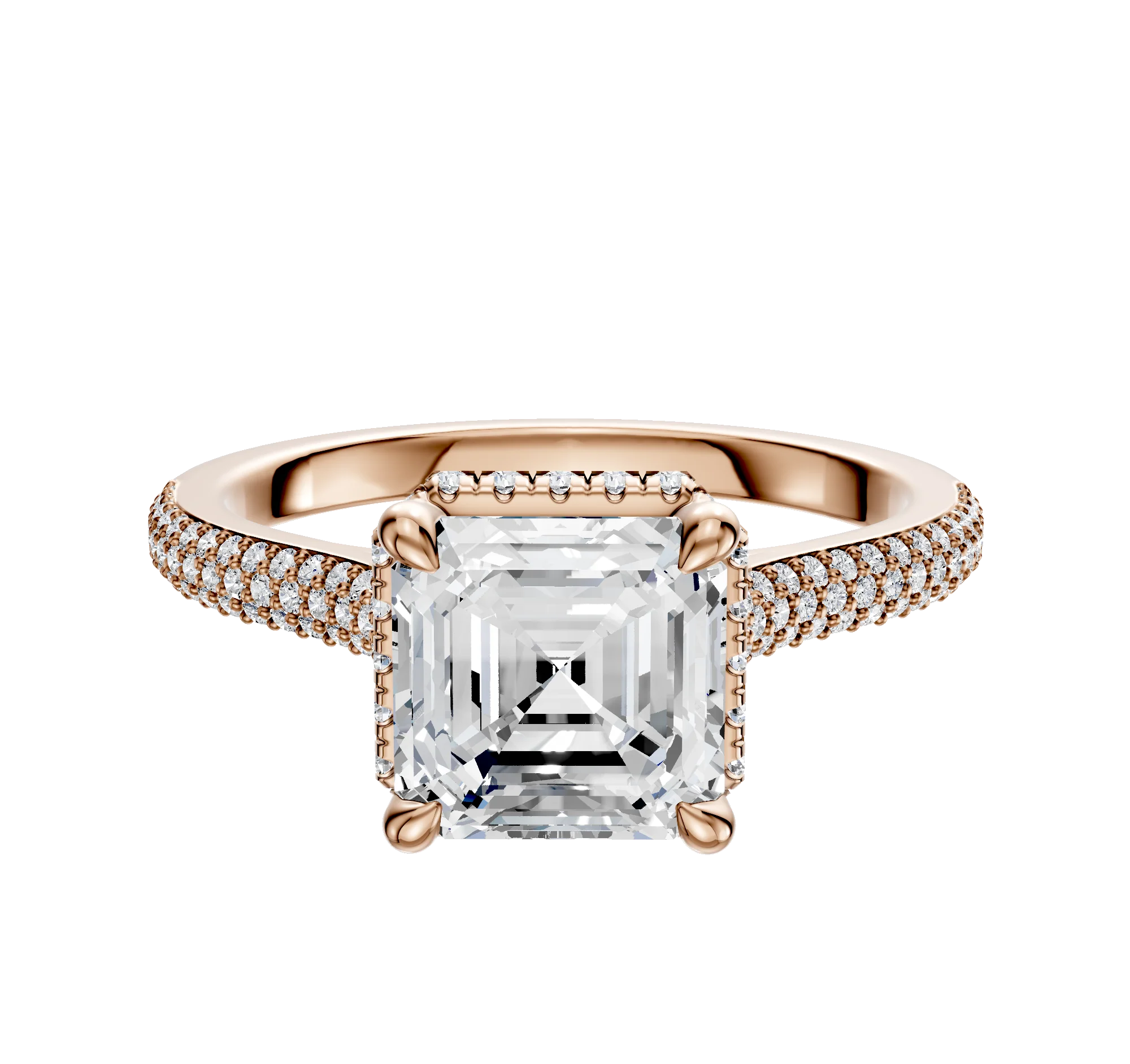 14K Rose Gold 4 Prong Collar Cathedral Dome 3-Row-Pave 2.0mm Engagement Ring