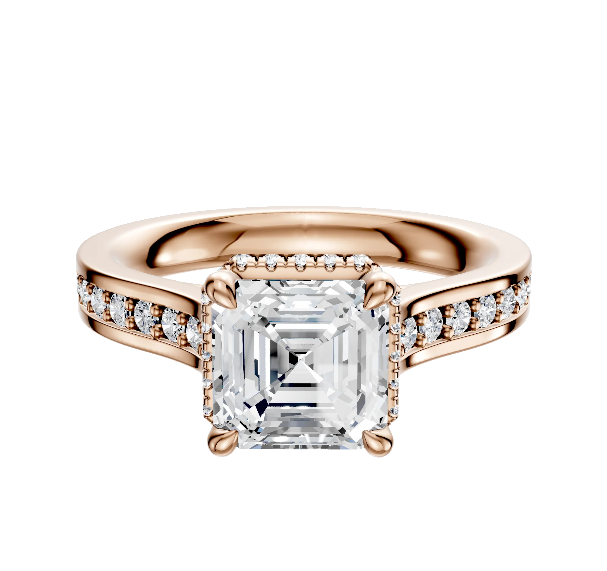 14K Rose Gold 4 Prong Collar Cathedral Flat 1-Row-Pave 2.5mm Engagement Ring