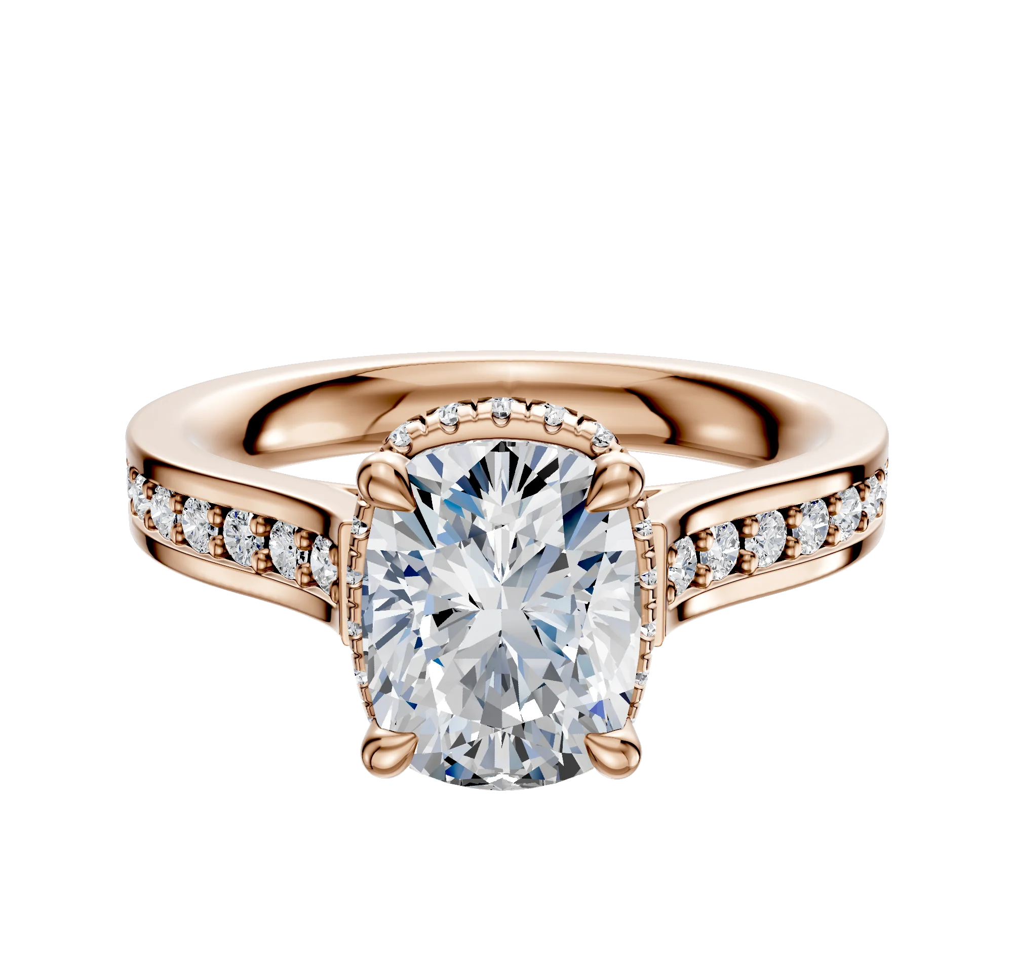 14K Rose Gold 4 Prong Collar Cathedral Flat 1-Row-Pave 2.5mm Engagement Ring