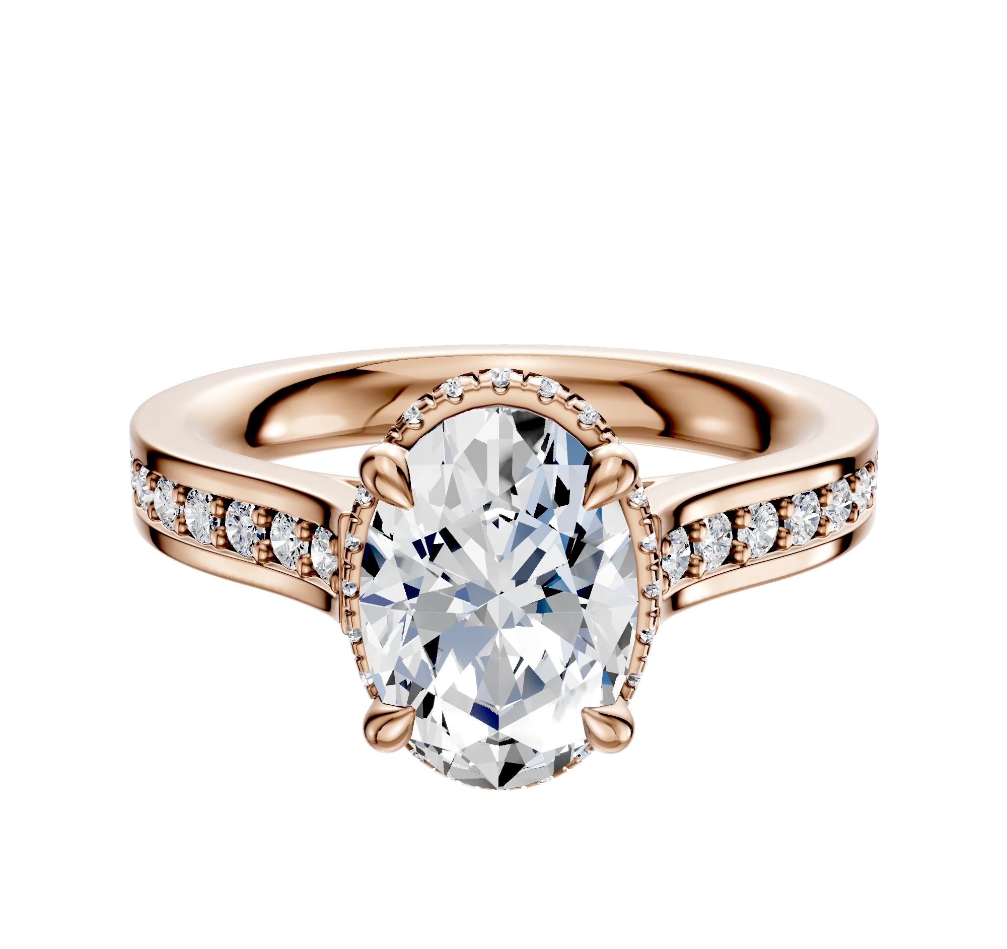 14K Rose Gold 4 Prong Collar Cathedral Flat 1-Row-Pave 2.5mm Engagement Ring