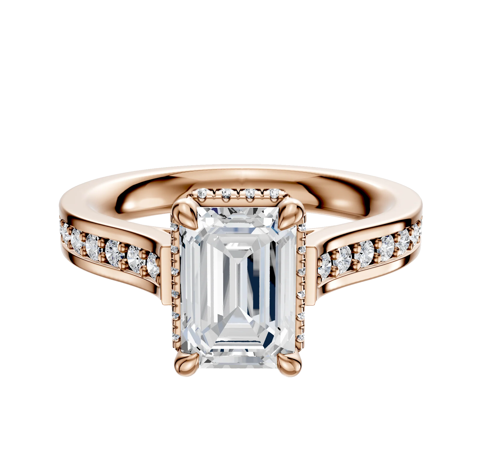 14K Rose Gold 4 Prong Collar Cathedral Flat 1-Row-Pave 2.5mm Engagement Ring