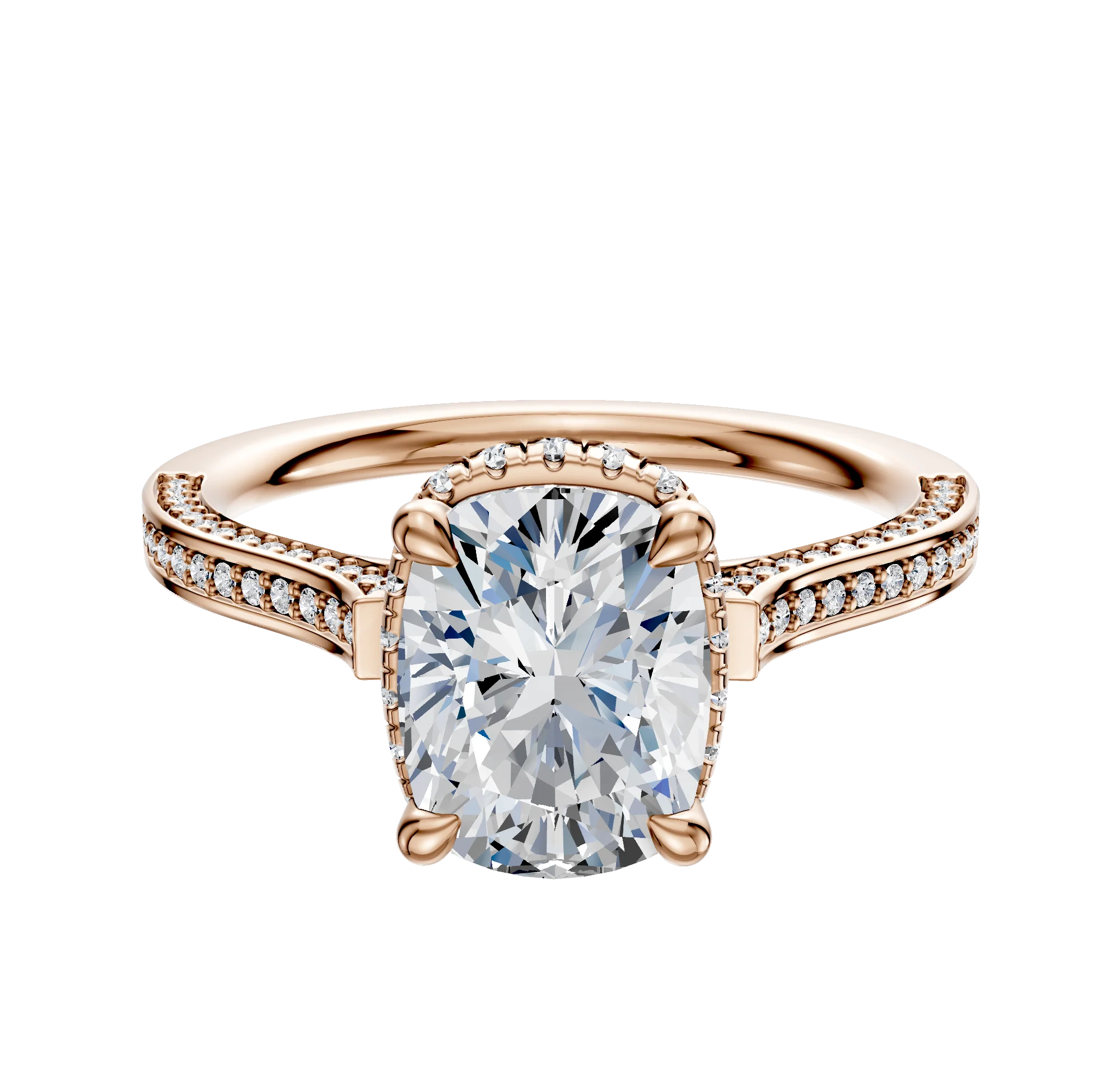 14K Rose Gold 4 Prong Collar Cathedral Flat 3-Row-Pave 2.0mm Engagement Ring