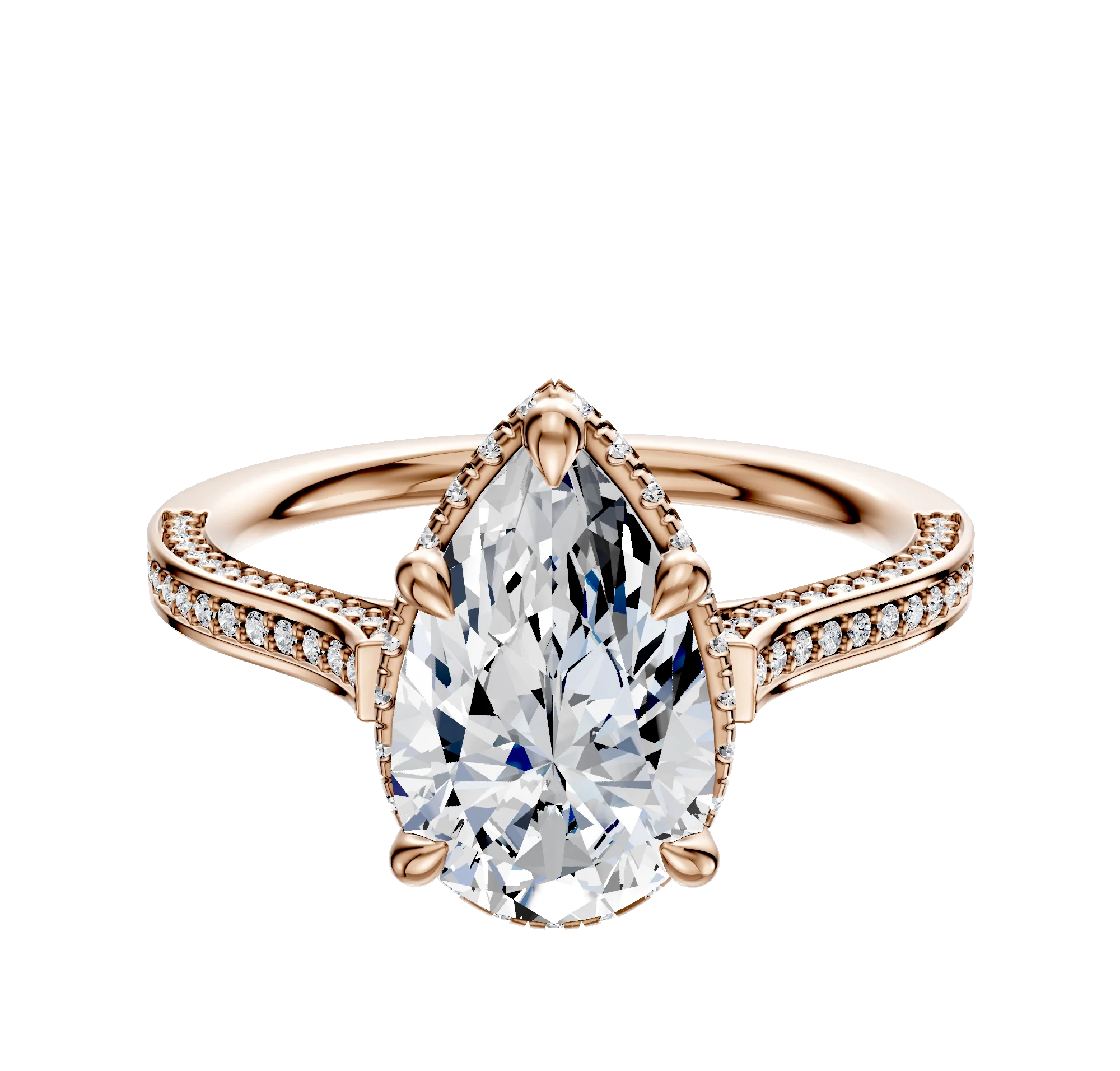 14K Rose Gold 4 Prong Collar Cathedral Flat 3-Row-Pave 2.0mm Engagement Ring