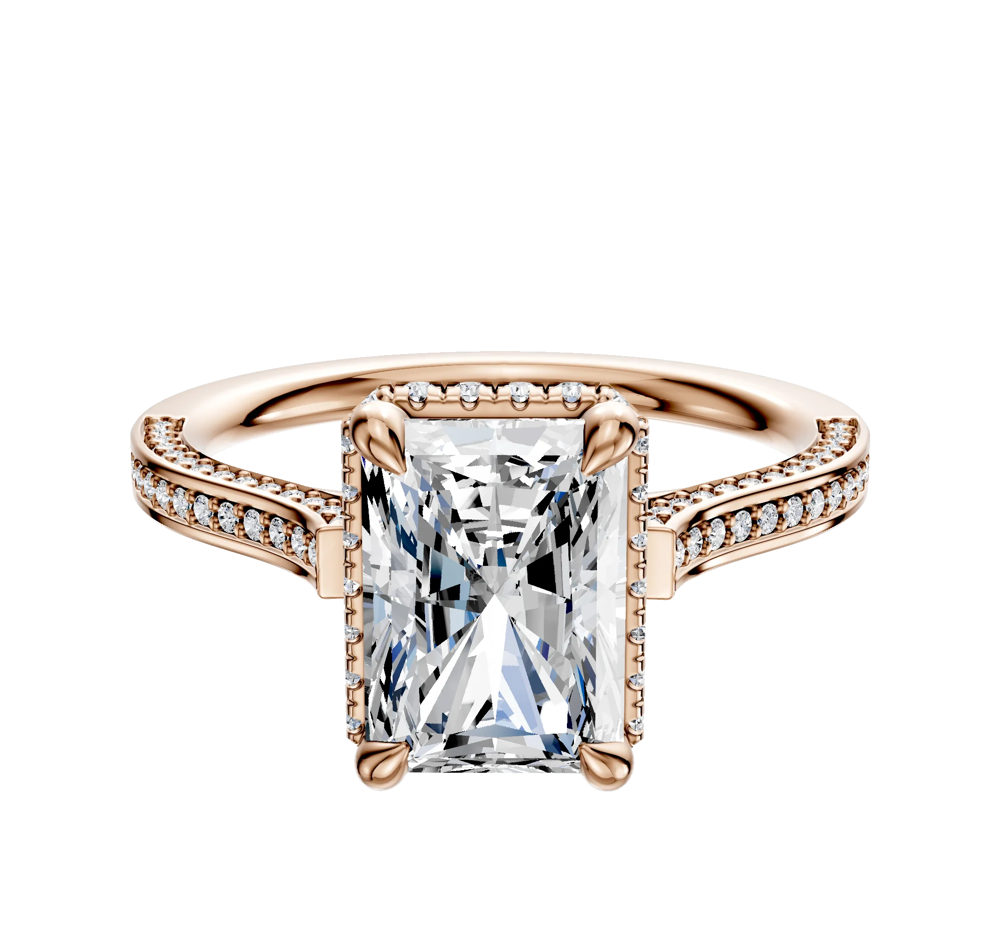 14K Rose Gold 4 Prong Collar Cathedral Flat 3-Row-Pave 2.0mm Engagement Ring