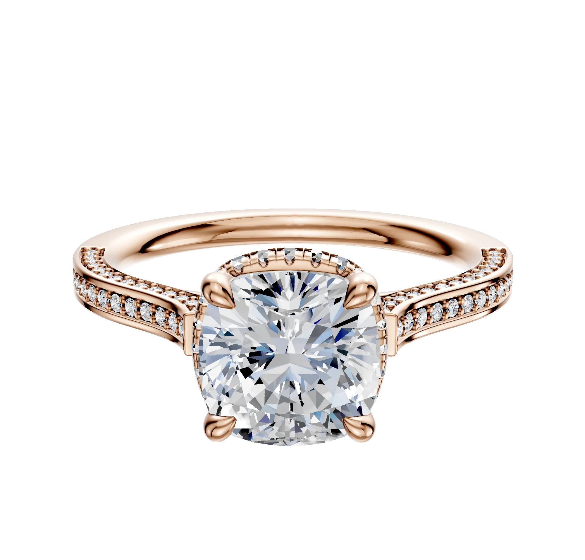 14K Rose Gold 4 Prong Collar Cathedral Flat 3-Row-Pave 2.0mm Engagement Ring