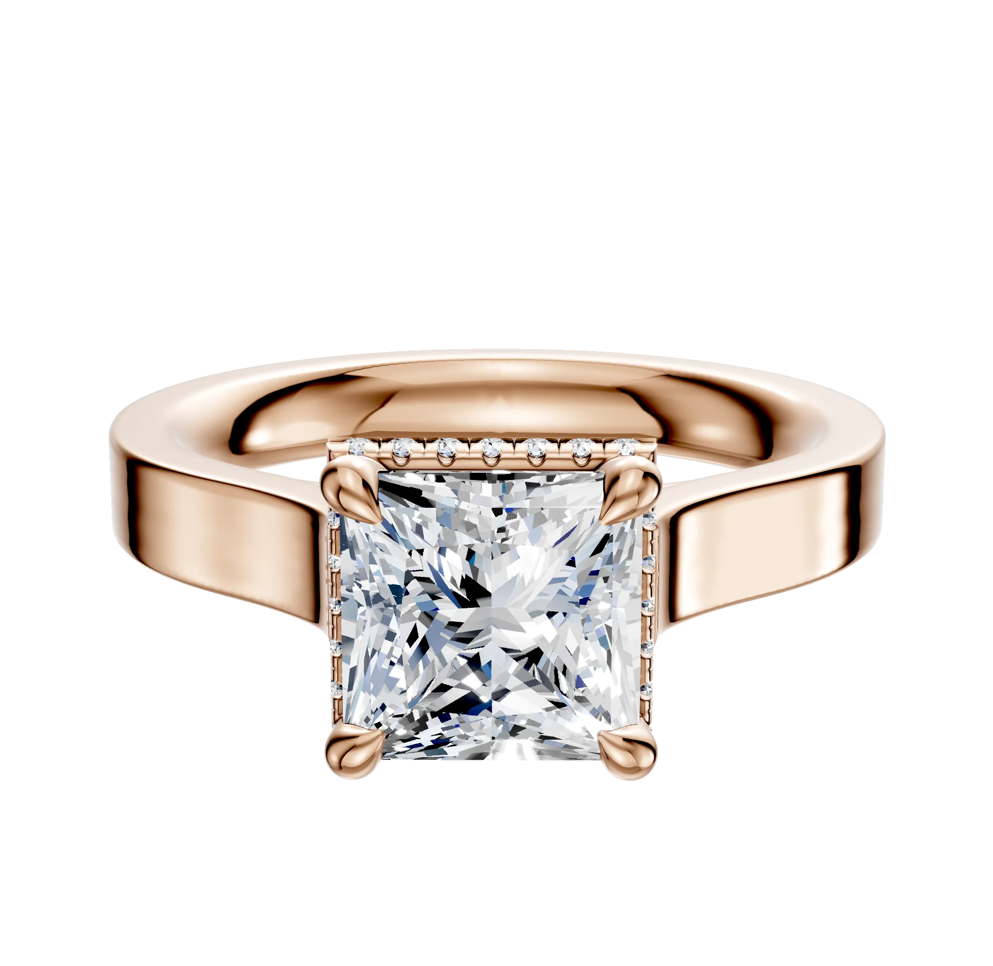 14K Rose Gold 4 Prong Collar Cathedral Flat 3.0mm Engagement Ring