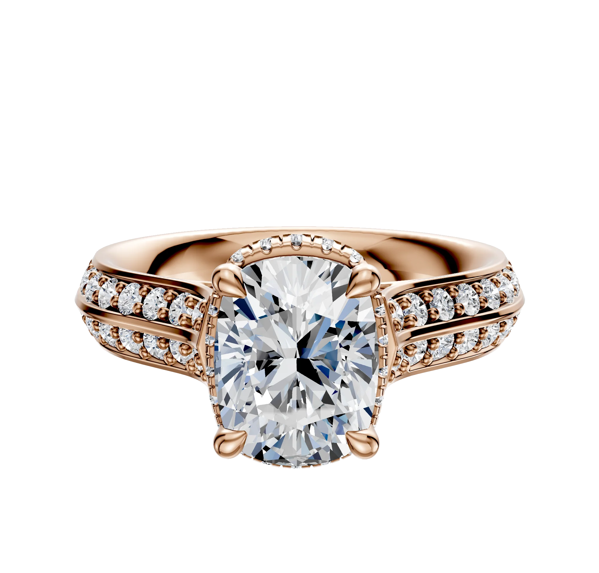 14K Rose Gold 4 Prong Collar Cathedral Knife Edge 1-Row-Pave 2.5mm Engagement Ring