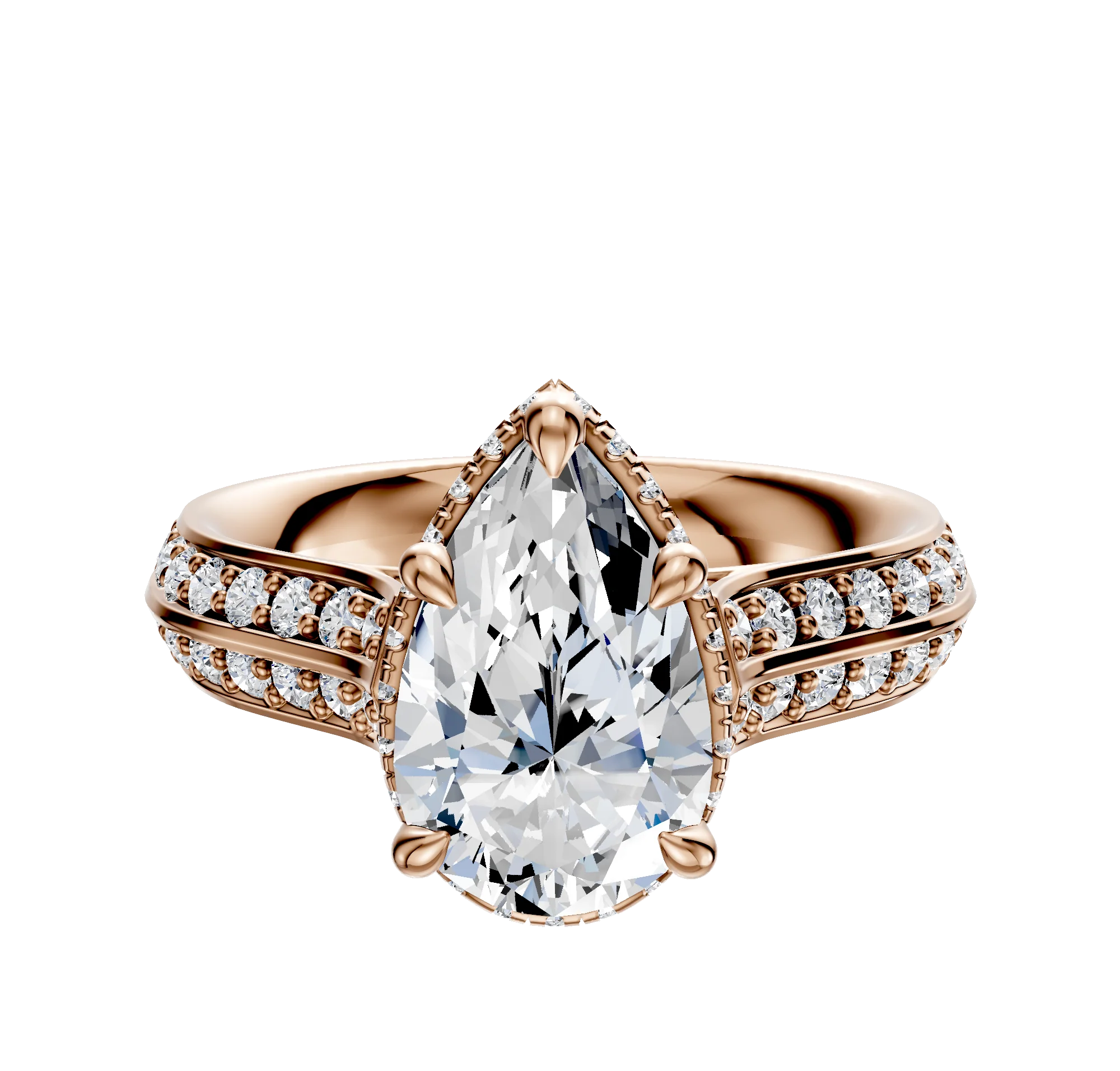 14K Rose Gold 4 Prong Collar Cathedral Knife Edge 1-Row-Pave 2.5mm Engagement Ring