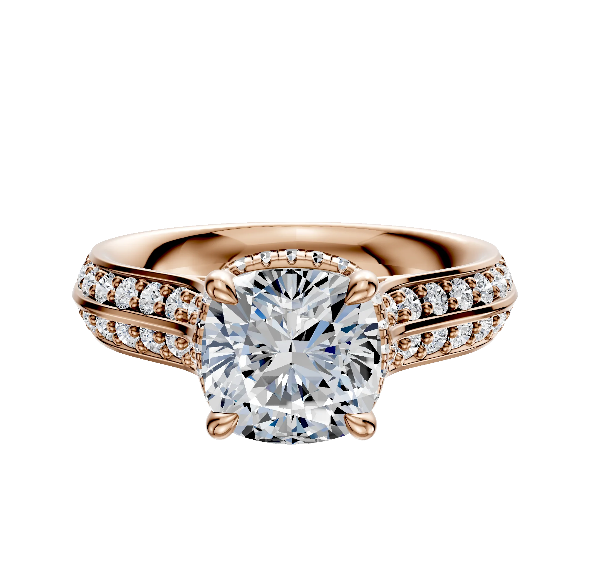 14K Rose Gold 4 Prong Collar Cathedral Knife Edge 1-Row-Pave 2.5mm Engagement Ring