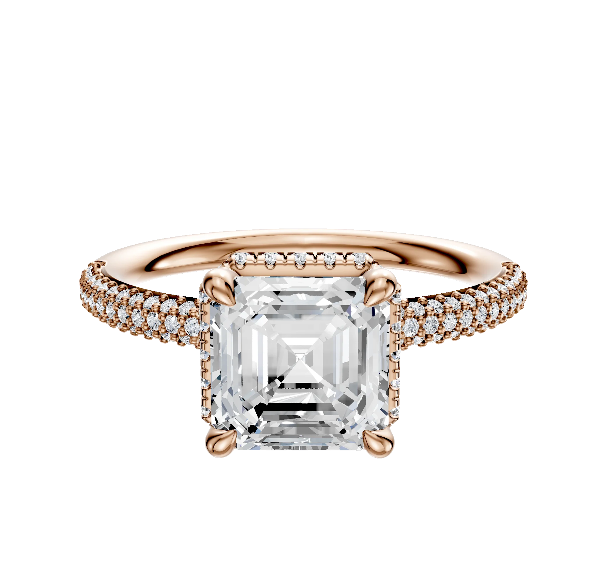 14K Rose Gold 4 Prong Collar Classic Dome 3-Row-Pave 2.0mm Engagement Ring