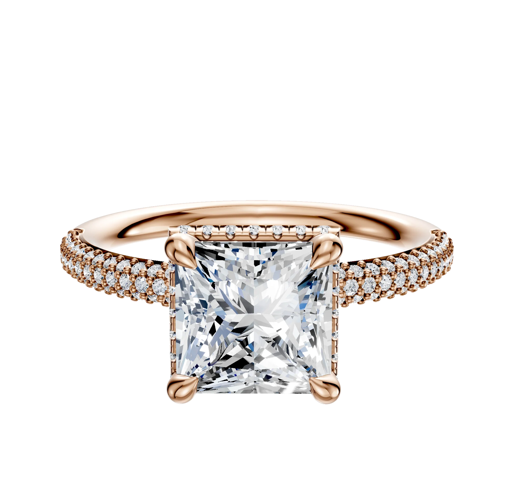 14K Rose Gold 4 Prong Collar Classic Dome 3-Row-Pave 2.0mm Engagement Ring