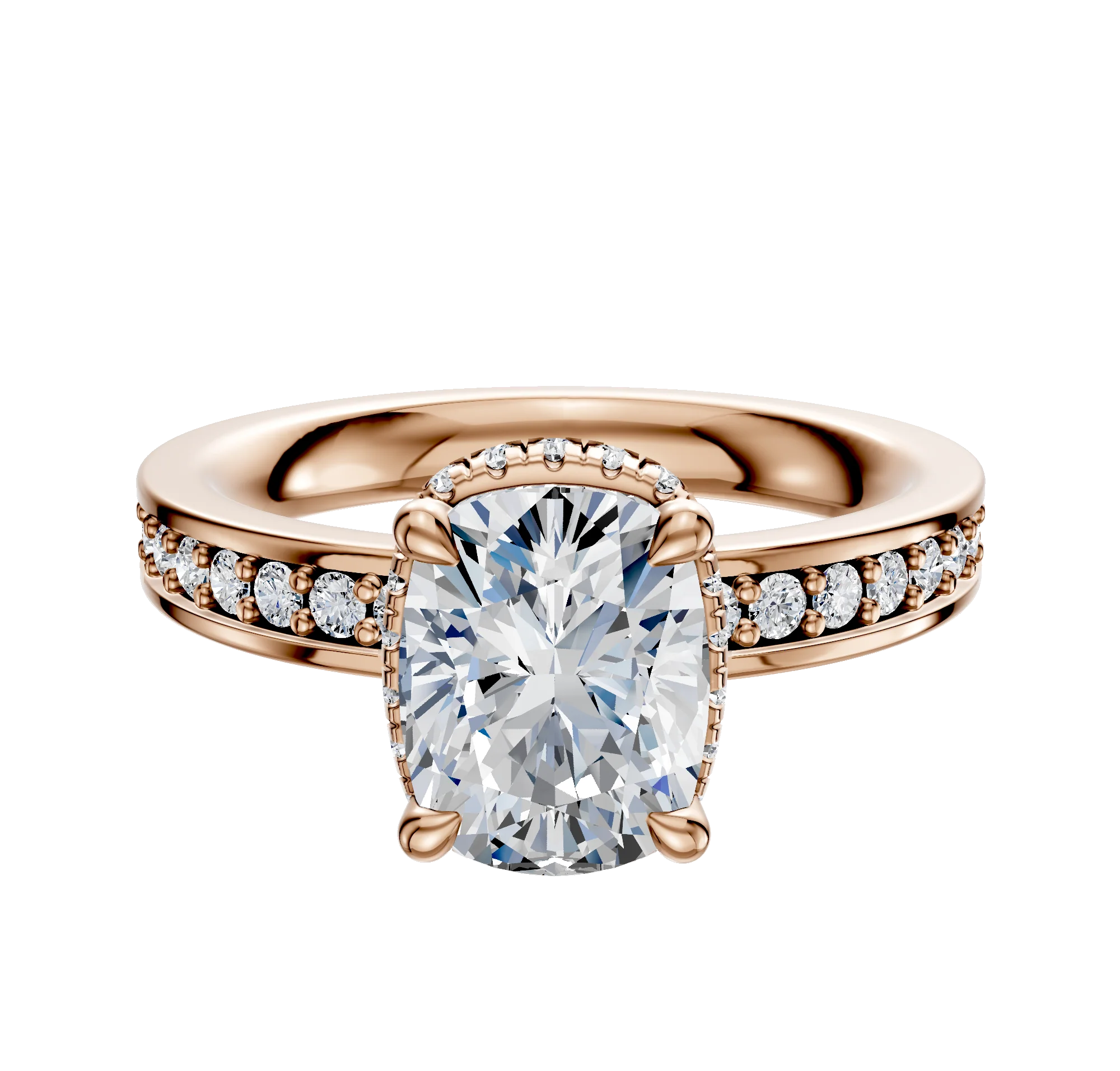 14K Rose Gold 4 Prong Collar Classic Flat 1-Row-Pave 2.5mm Engagement Ring