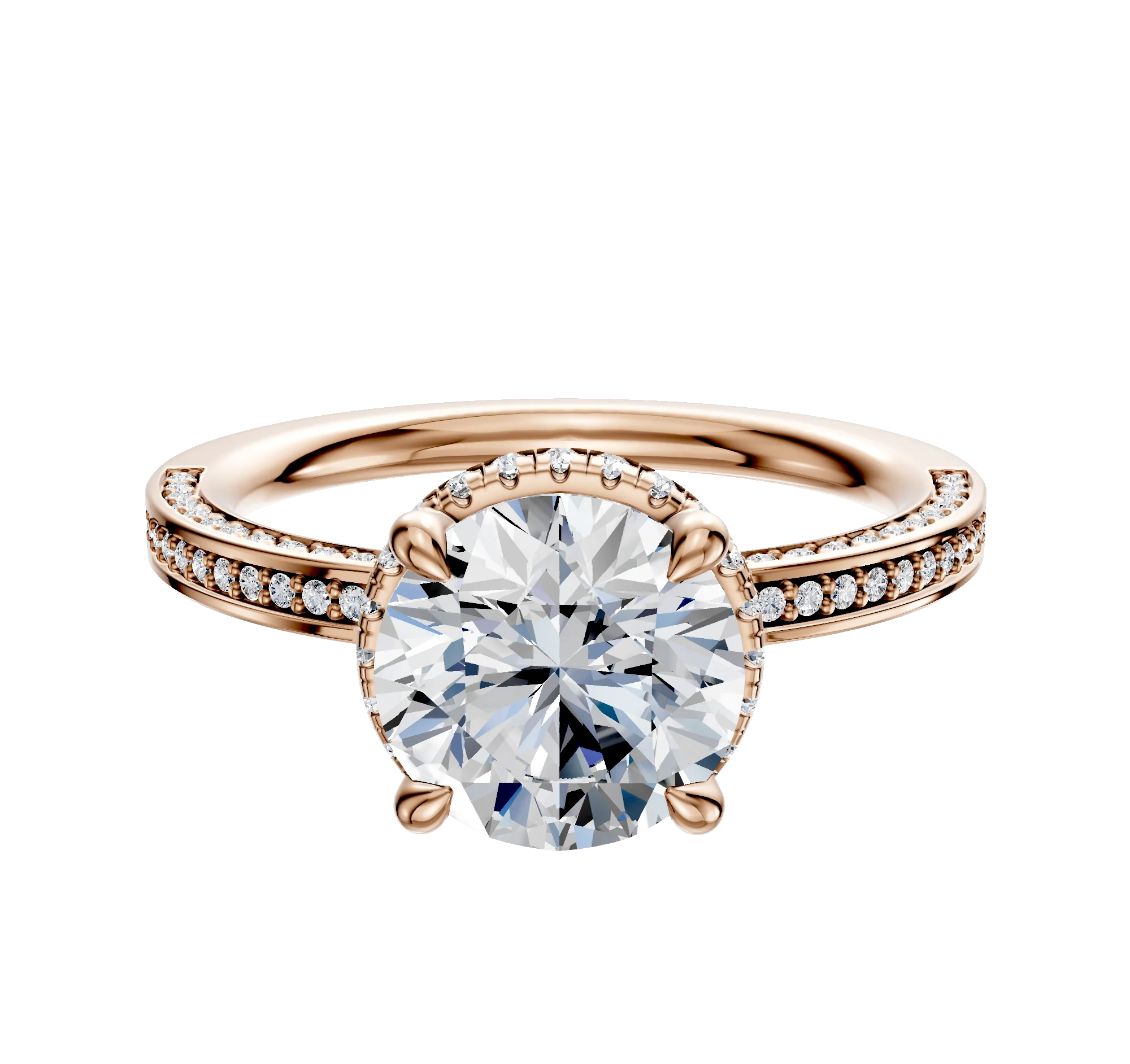 14K Rose Gold 4 Prong Collar Classic Flat 3-Row-Pave 2.0mm Engagement Ring