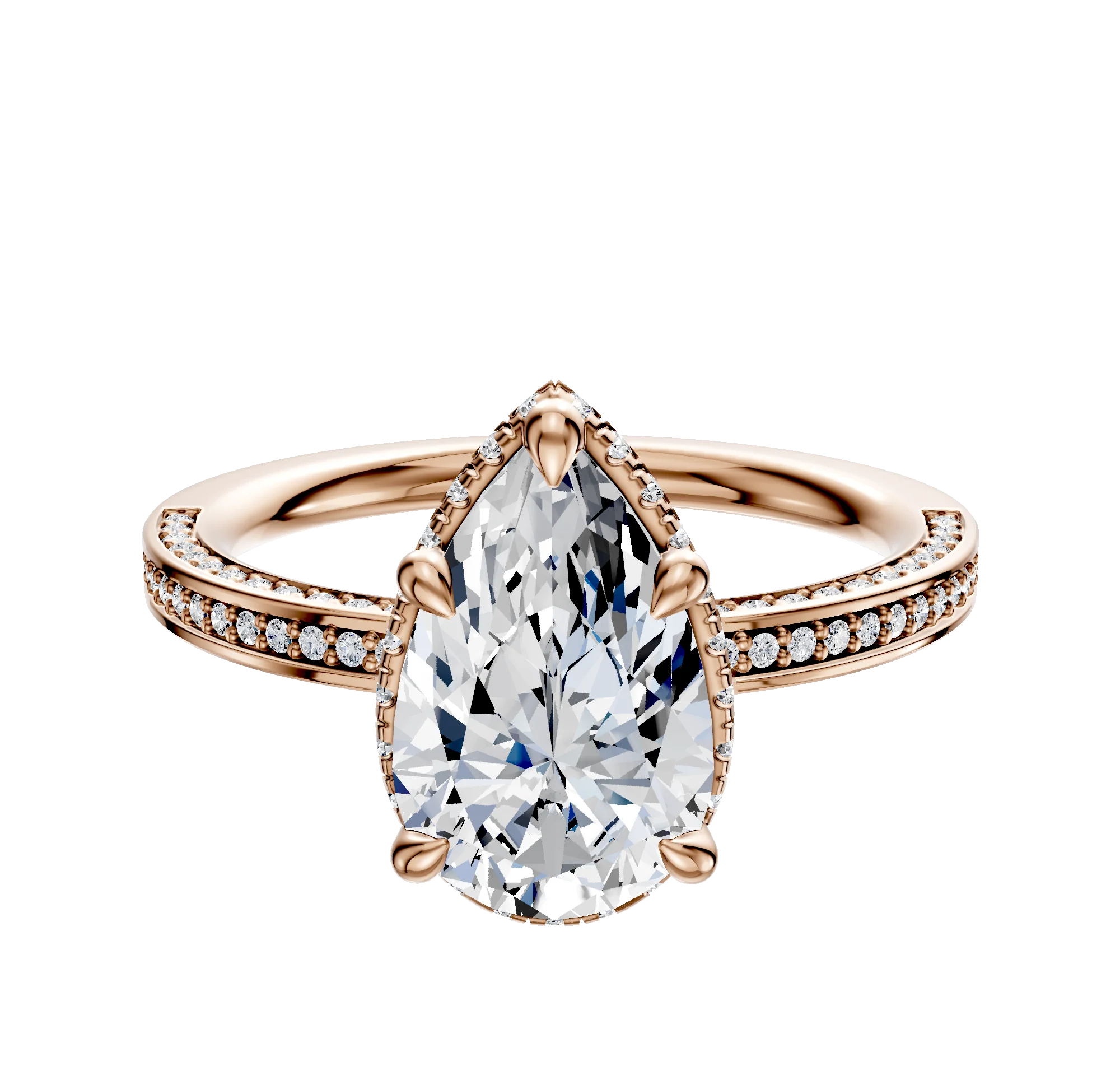 14K Rose Gold 4 Prong Collar Classic Flat 3-Row-Pave 2.0mm Engagement Ring