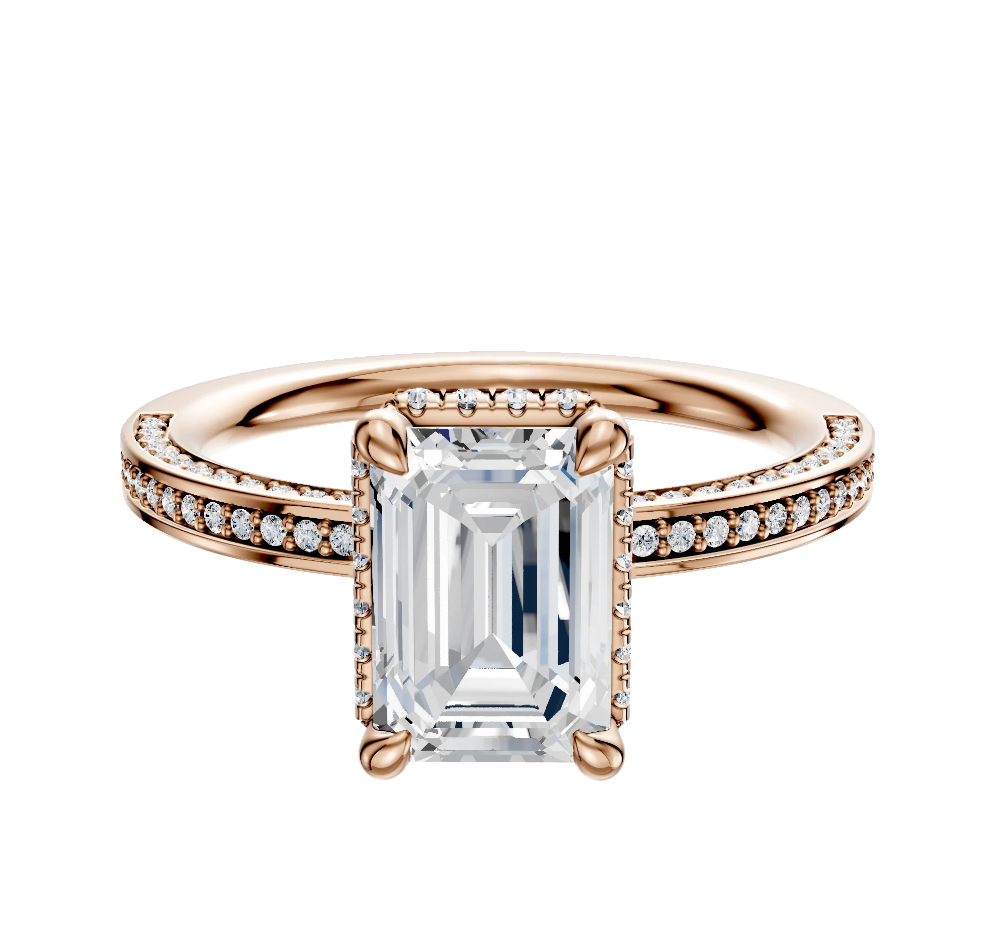 14K Rose Gold 4 Prong Collar Classic Flat 3-Row-Pave 2.0mm Engagement Ring