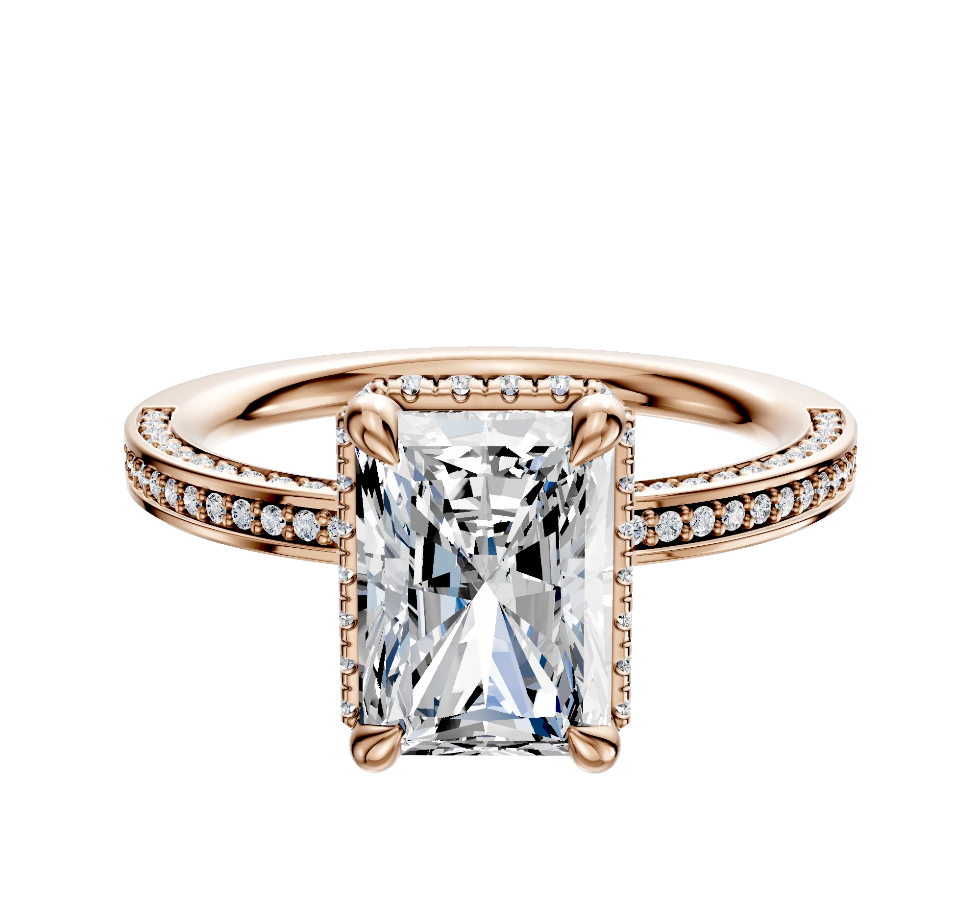 14K Rose Gold 4 Prong Collar Classic Flat 3-Row-Pave 2.0mm Engagement Ring