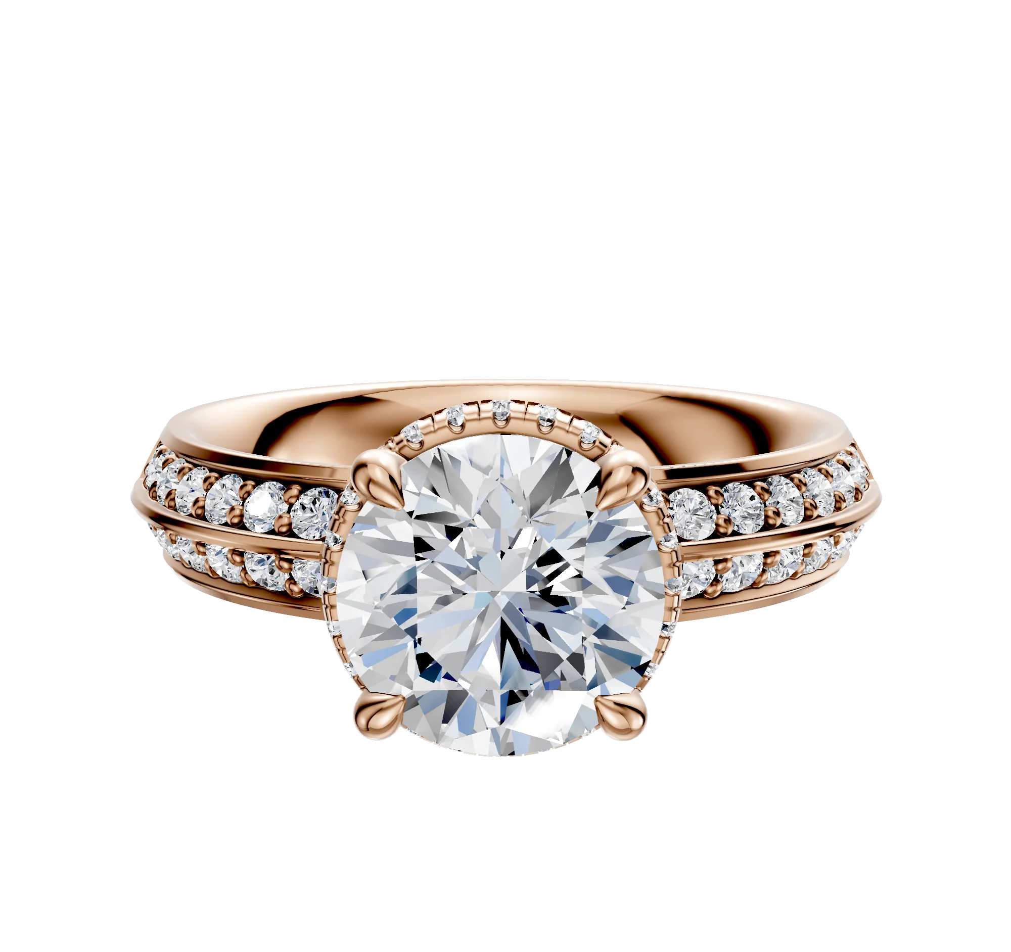 14K Rose Gold 4 Prong Collar Classic Knife Edge 1-Row-Pave 2.5mm Engagement Ring