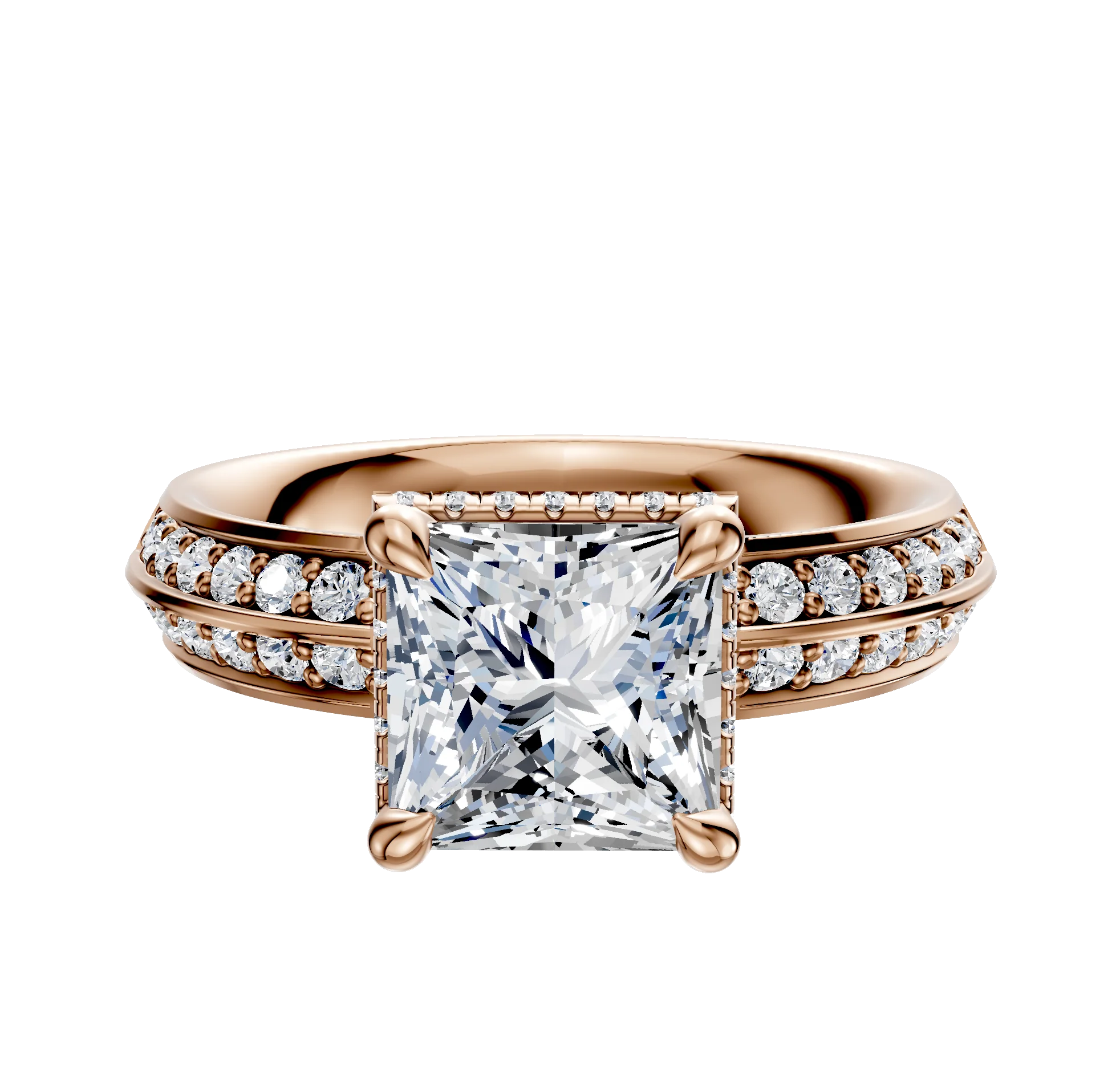 14K Rose Gold 4 Prong Collar Classic Knife Edge 1-Row-Pave 2.5mm Engagement Ring