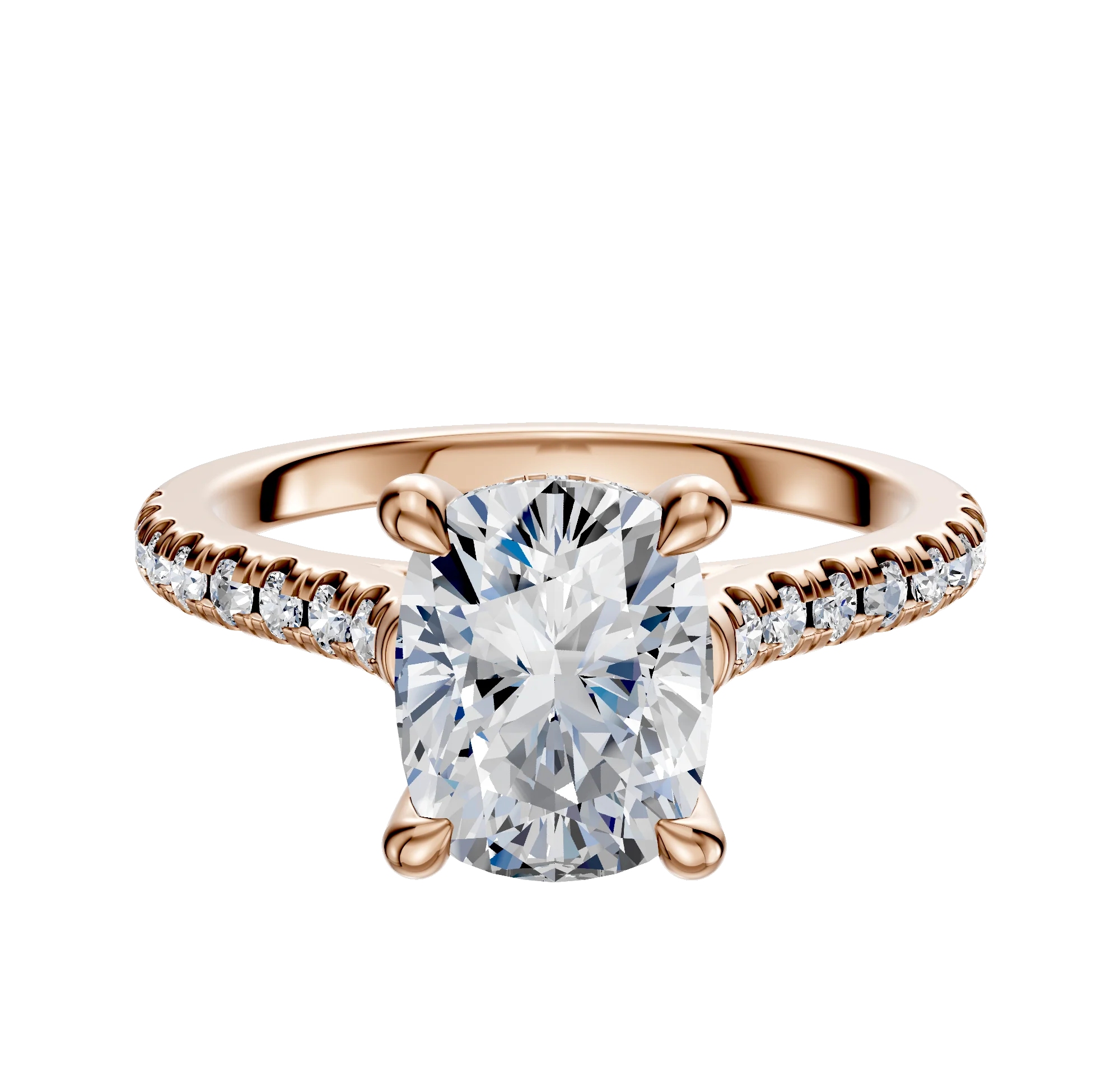 14K Rose Gold 4 Prong Hidden Halo Cathedral Dome 1-Row-Pave 2.5mm Engagement Ring