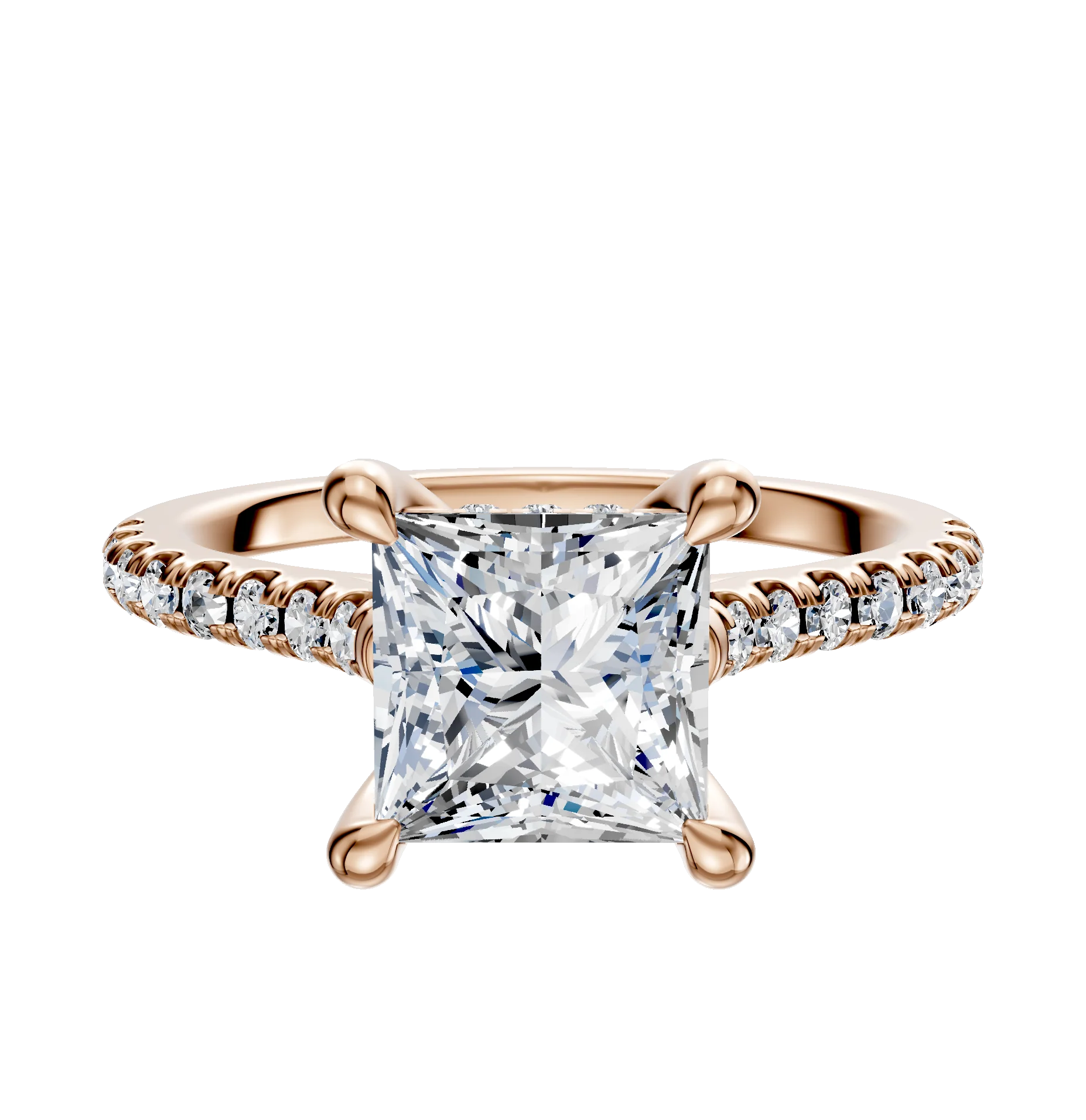 14K Rose Gold 4 Prong Hidden Halo Cathedral Dome 1-Row-Pave 2.5mm Engagement Ring
