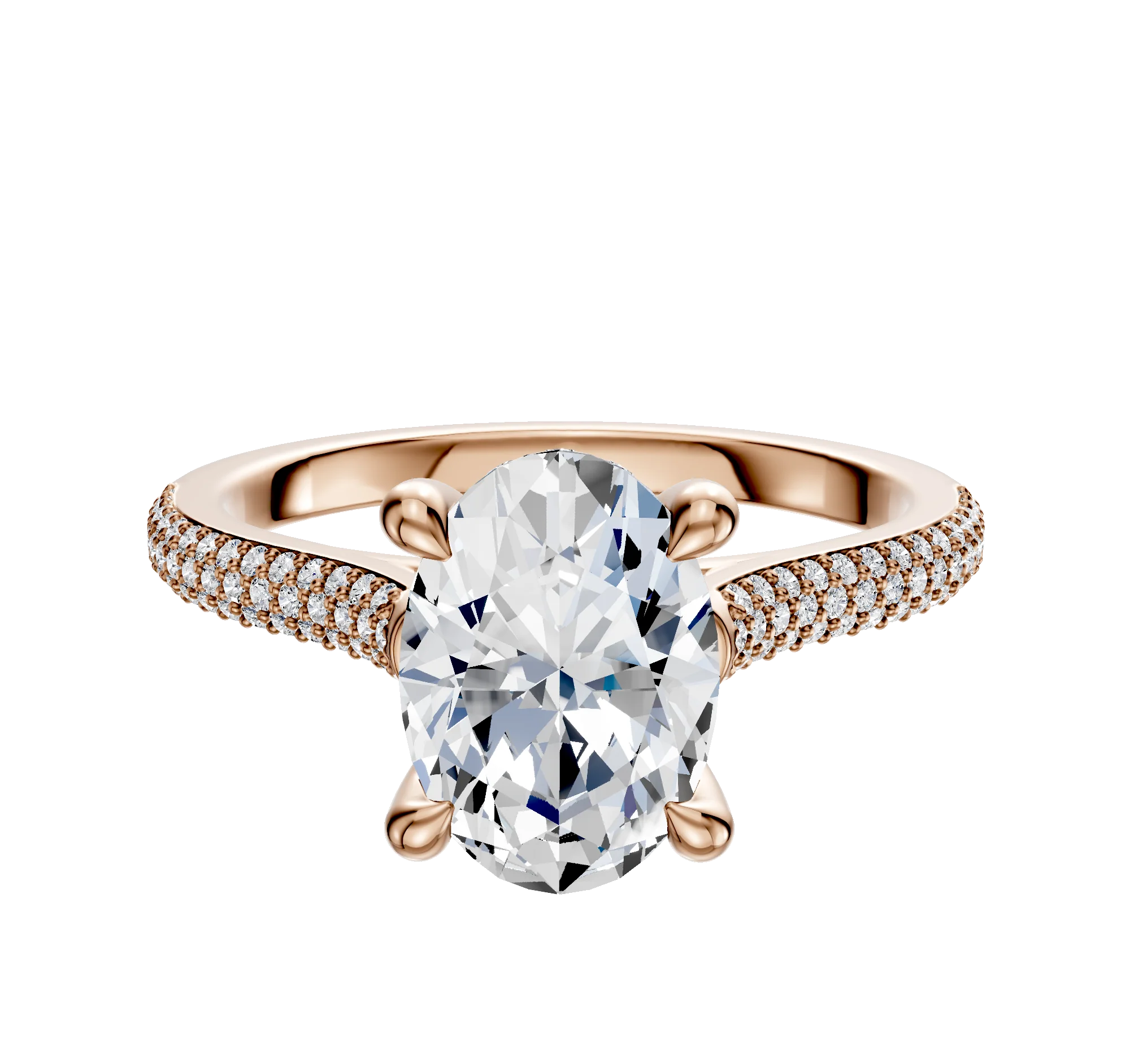 14K Rose Gold 4 Prong Hidden Halo Cathedral Dome 3-Row-Pave 2.0mm Engagement Ring