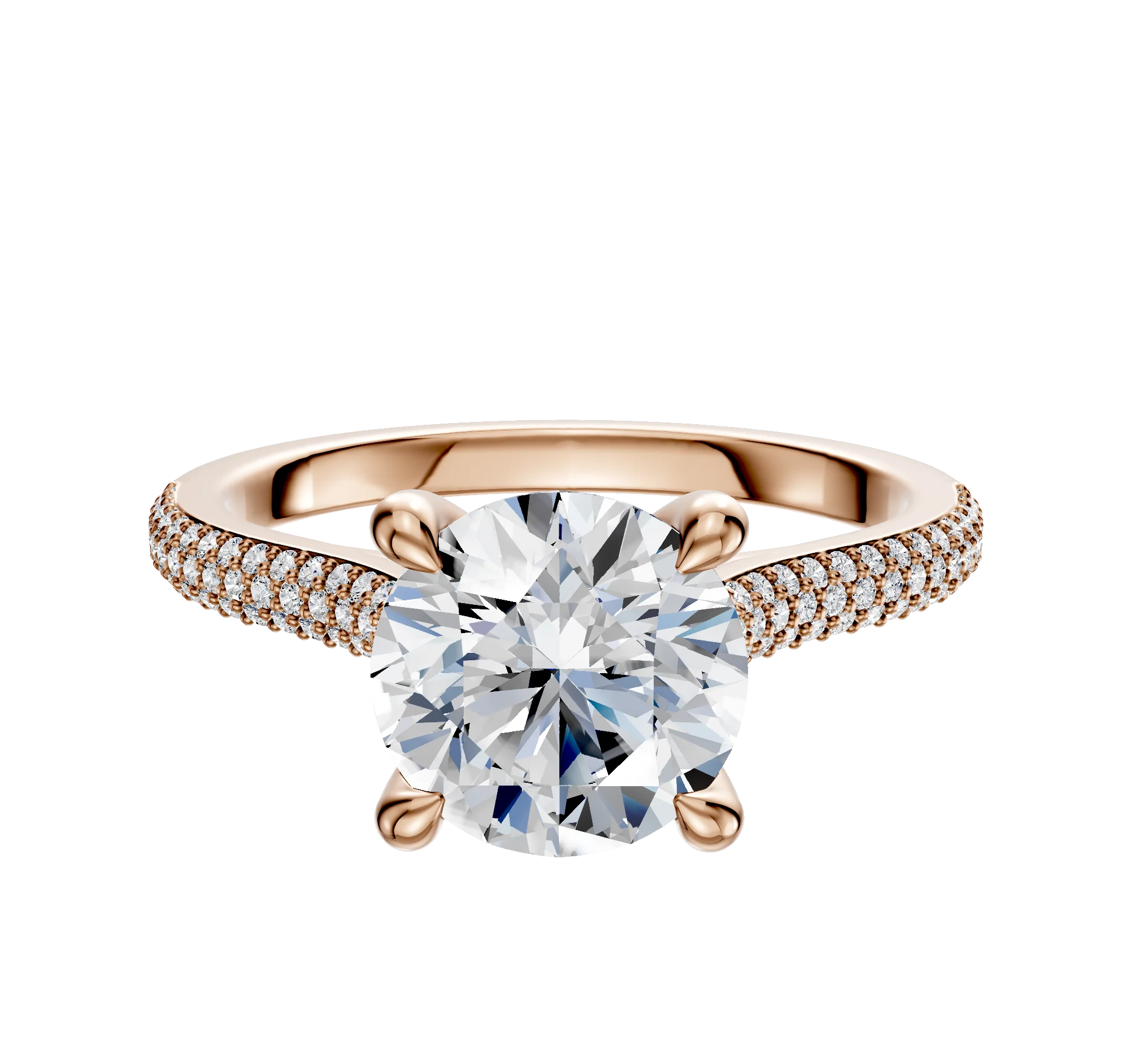 14K Rose Gold 4 Prong Hidden Halo Cathedral Dome 3-Row-Pave 2.0mm Engagement Ring