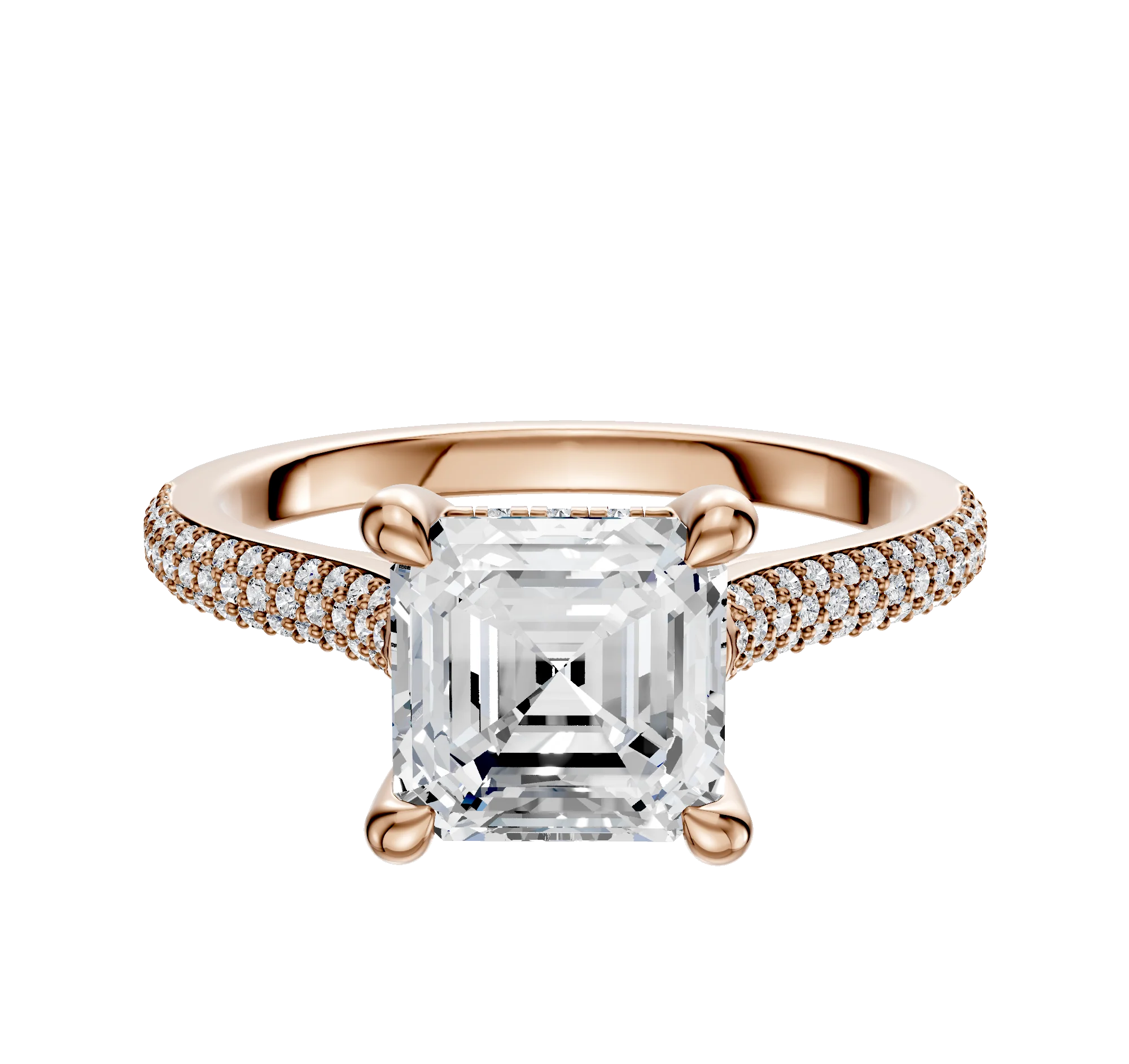 14K Rose Gold 4 Prong Hidden Halo Cathedral Dome 3-Row-Pave 2.0mm Engagement Ring